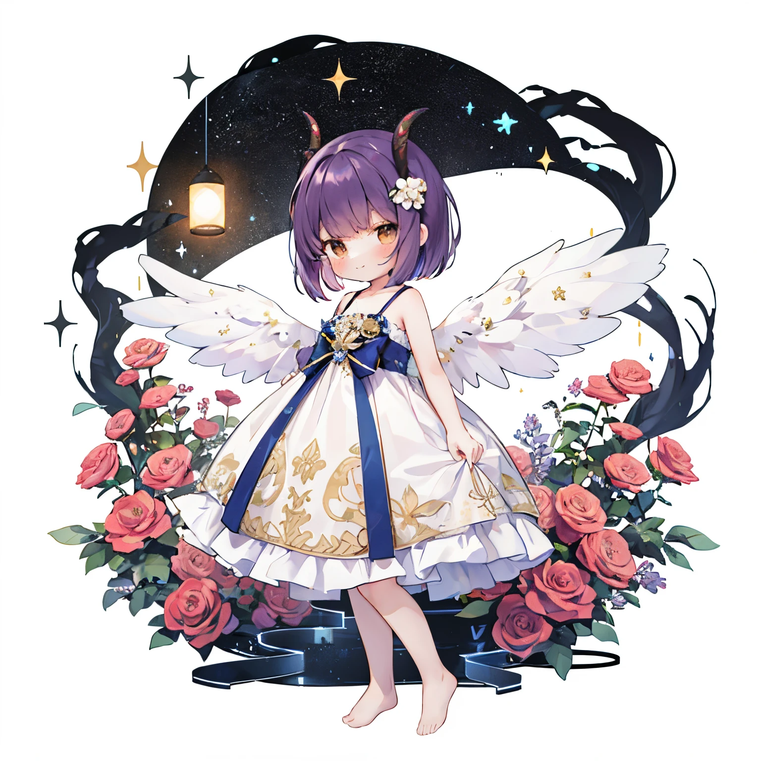 (with a large bouquet:1.3),1girl in, Solo, Barefoot, Hair Ornament, Smile, Dress, Horns, White background, Simple background, Brown eyes, hair clips, White Dress, Short hair, blush,, From the side、 Purple hair, Looking at Viewer, Arms up, Standing, Closed mouth, , Wings, with floral pattern, (Glitter),, Night light