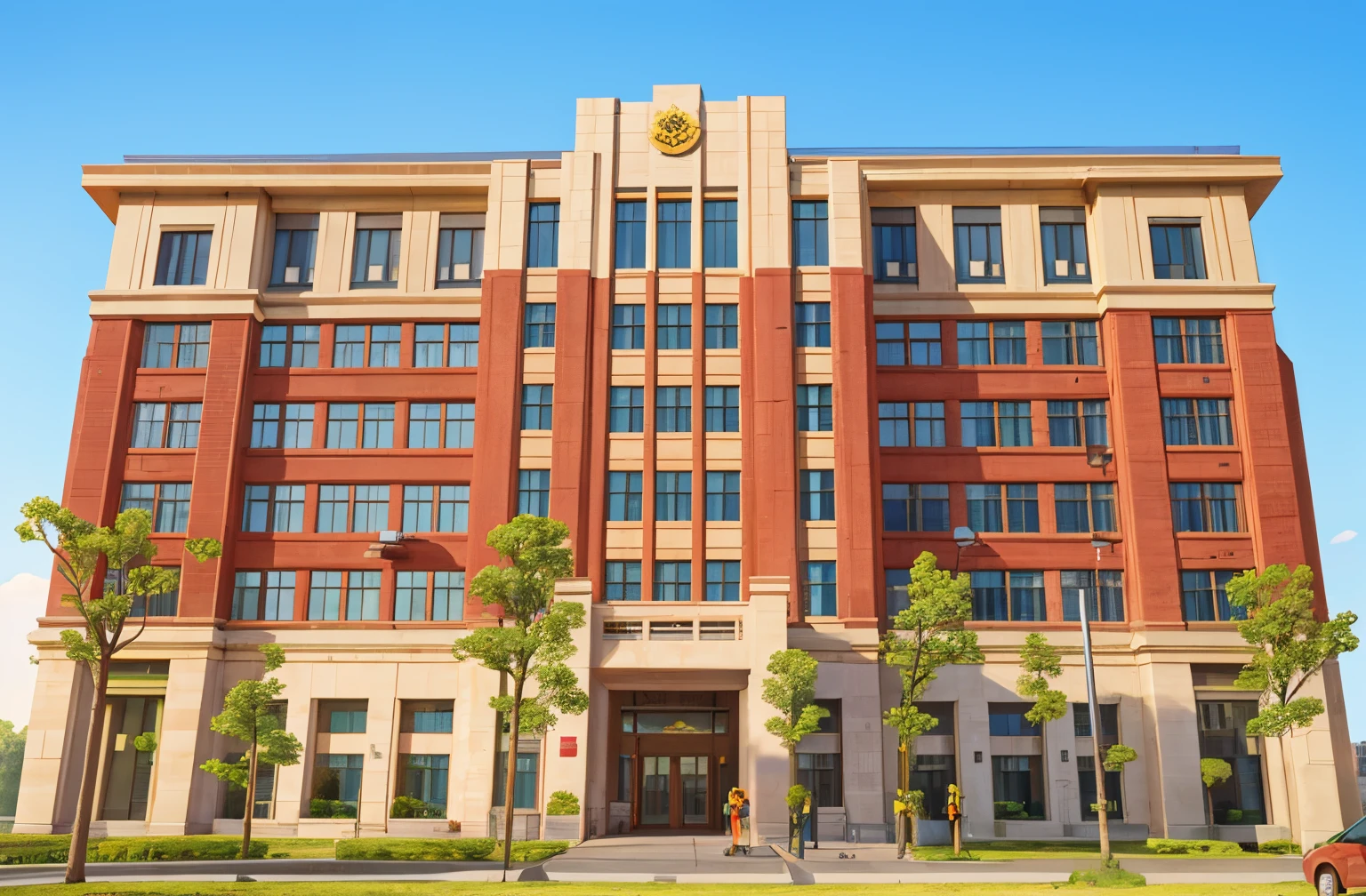 View of a large building with many windows, completed building, 2022 wide angle exterior shot, office building, The building is facing, Chinese architecture, 1 3 3 4 building, hijabi sluty, Chinese Big Breasts, research complex, architectural shots, front medial view, full view, neoclassical police station, River side，Cartoon stick figures，Matchstick man，Clear lines，Fresh colors，Lovely drawing style