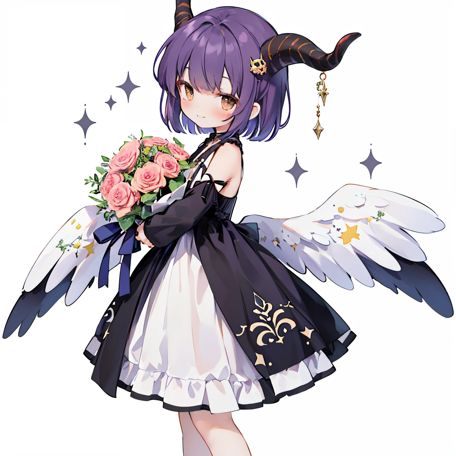 ((with a large bouquet:1.3)),1girl in, Solo, Barefoot, Hair Ornament, Smile, Dress, Horns, White background, Simple background, Brown eyes, hair clips, White Dress, Short hair, blush,, From the side、 Purple hair, Looking at Viewer, Arms up, Standing, Closed mouth, child, Wings, with floral pattern, (Glitter),, Night light