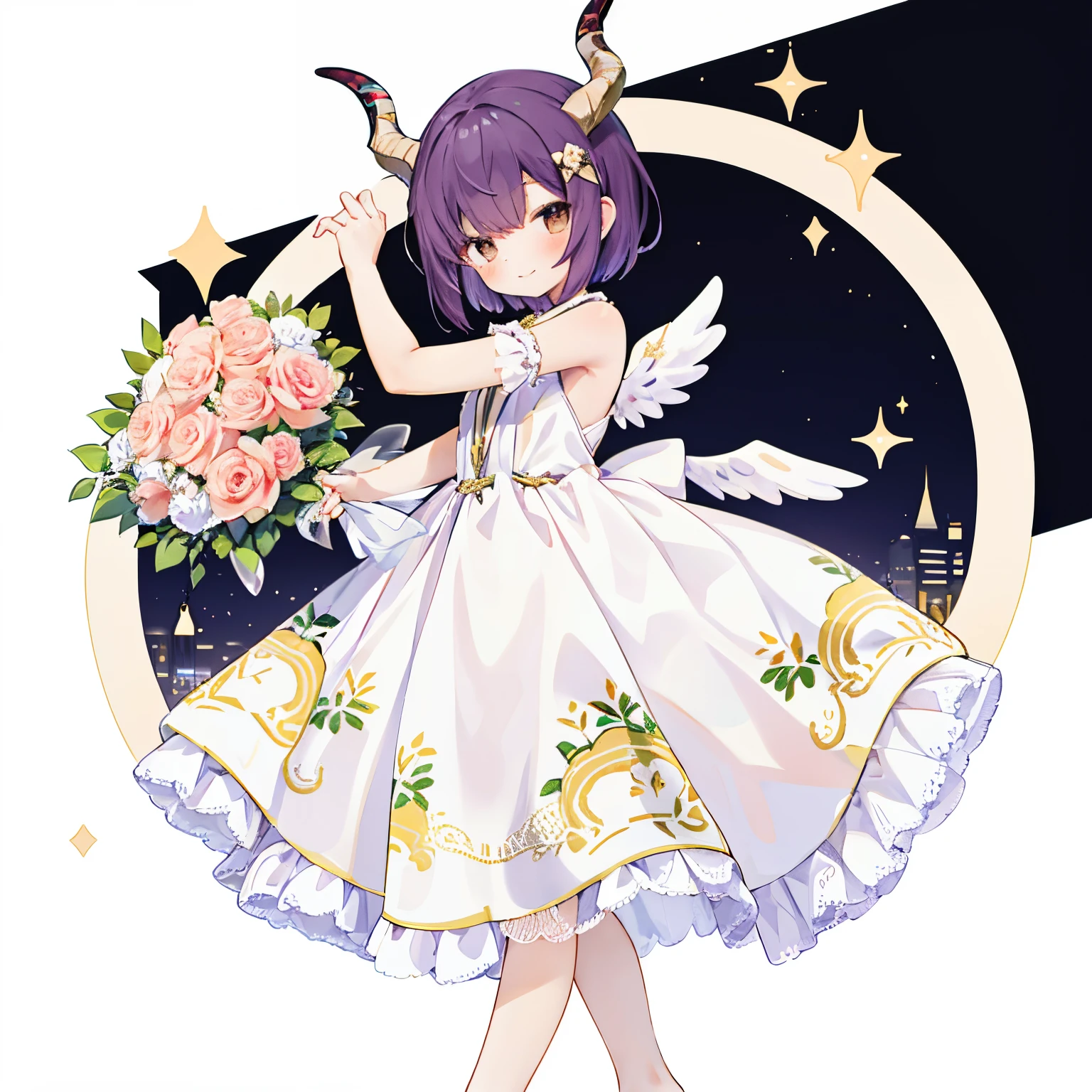 ((with a large bouquet:1.3)),1girl in, Solo, Barefoot, Hair Ornament, Smile, Dress, Horns, White background, Simple background, Brown eyes, hair clips, White Dress, Short hair, blush,, From the side、 Purple hair, Looking at Viewer, Arms up, Standing, Closed mouth, child, Wings, with floral pattern, (Glitter),, Night light
