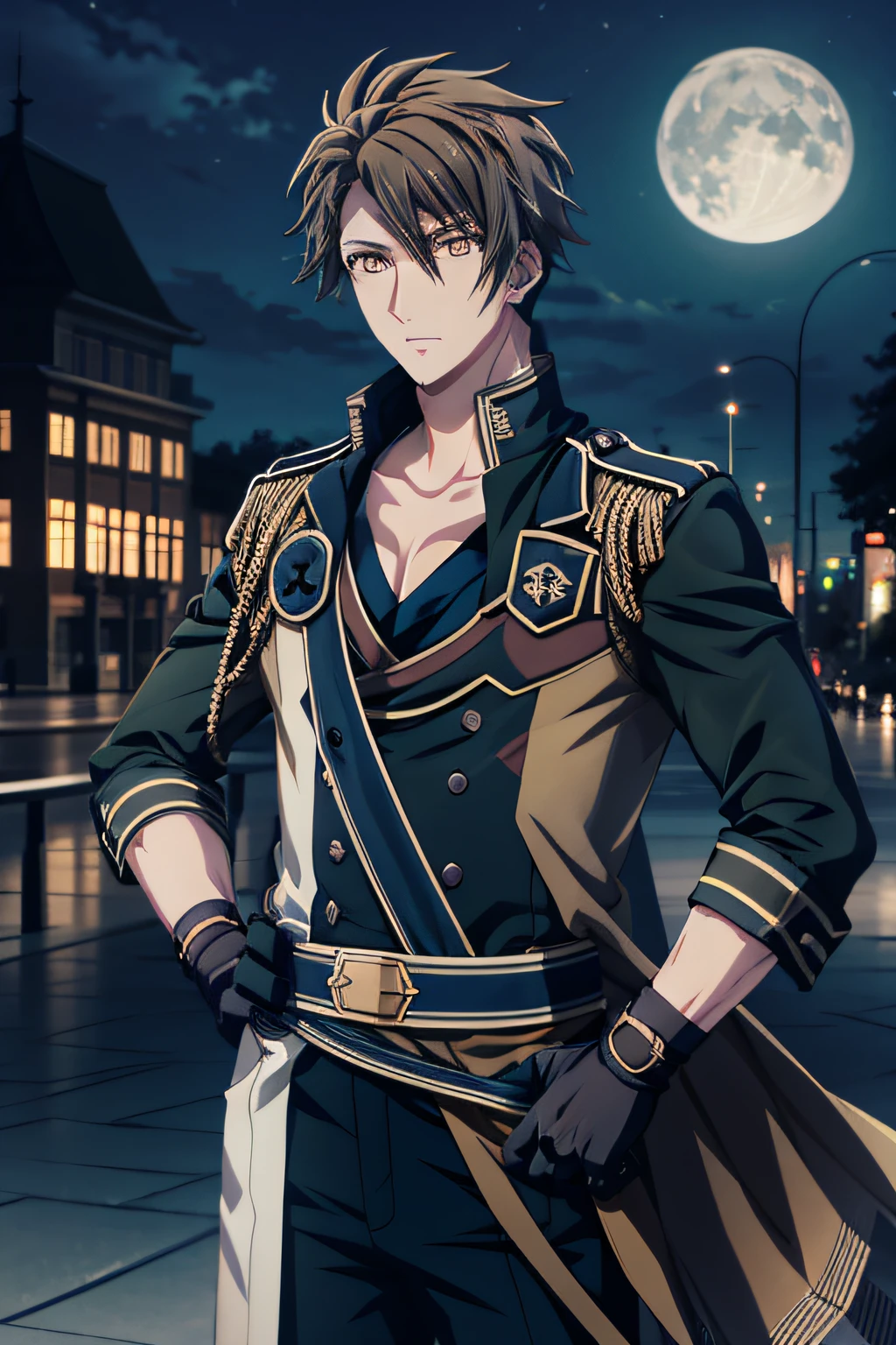 tsunashi ryuunosuke\(idolish7\), solo, 1boy, male focus, looking at viewer, brown hair, yellow eyes, gloves, black gloves, fingerless gloves, collarbone, green military uniform, hand on hip, black pants, moon light, castle