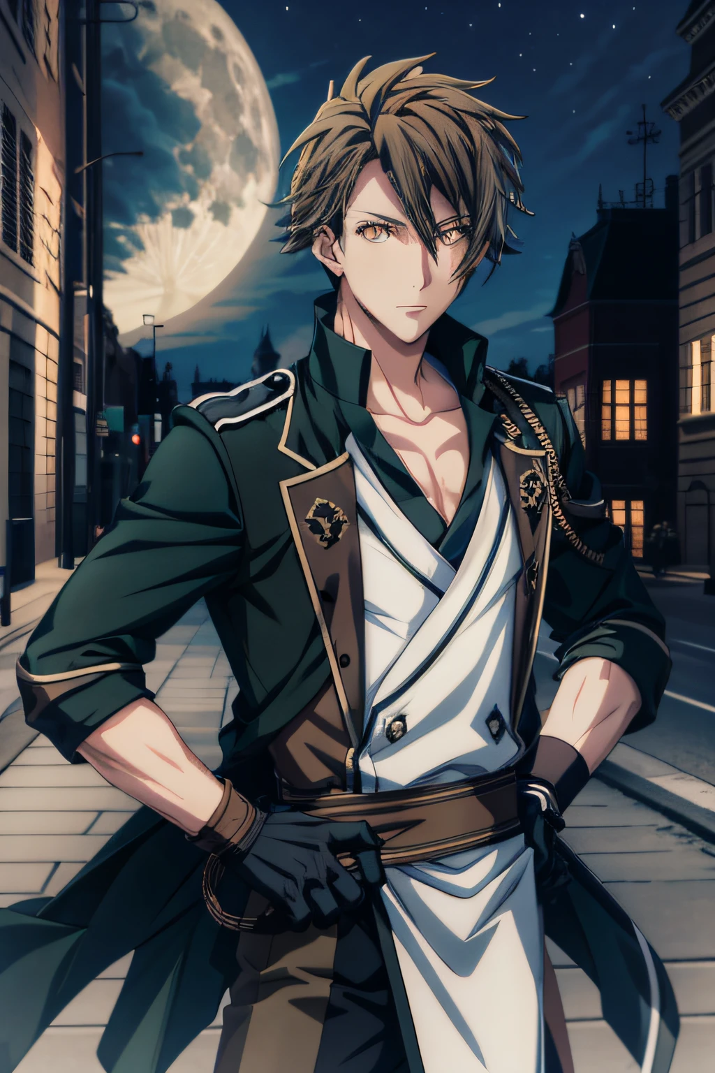 tsunashi ryuunosuke\(idolish7\), solo, 1boy, male focus, looking at viewer, brown hair, yellow eyes, gloves, black gloves, fingerless gloves, collarbone, green military uniform, hand on hip, black pants, moon light, castle