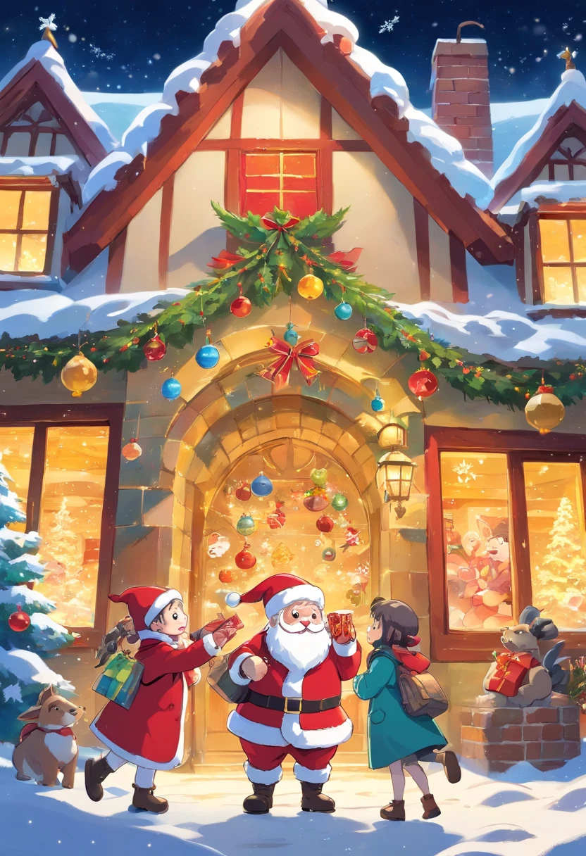 A kind old man,Wearing red coat and hat,White beard and smiling facial expression,Santa Claus holding a big bag or gift box,Filled with various exquisite gifts,Such as toys、Confectionery、Books etc.,There can be a gorgeous Christmas tree in the picture,It's full of lanterns、Various decorations and gifts,Falling snowflakes can be added to the picture,Add a winter feel to the scene。Can depict some happy children,Excitement surrounding Santa Claus and gifts,Looking forward to receiving their favorite gifts。Use warm colors,Such as red、green and gold,To create a warm holiday atmosphere,You can picture Santa Claus entering the house through the chimney,One of the elements that symbolizes Christmas traditions。You can add some curious animals to the picture,like a reindeer or a bird,Watching Santa Claus delivering gifts。