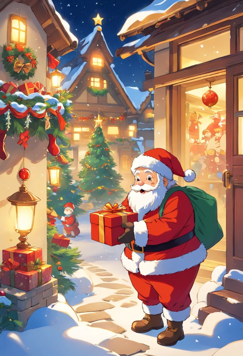 A kind old man,Wearing red coat and hat,White beard and smiling facial expression,Santa Claus holding a big bag or gift box,Filled with various exquisite gifts,Such as toys、Confectionery、Books etc.,There can be a gorgeous Christmas tree in the picture,It's full of lanterns、Various decorations and gifts,Falling snowflakes can be added to the picture,Add a winter feel to the scene。Can depict some happy children,Excitement surrounding Santa Claus and gifts,Looking forward to receiving their favorite gifts。Use warm colors,Such as red、green and gold,To create a warm holiday atmosphere,You can picture Santa Claus entering the house through the chimney,One of the elements that symbolizes Christmas traditions。You can add some curious animals to the picture,like a reindeer or a bird,Watching Santa Claus delivering gifts。