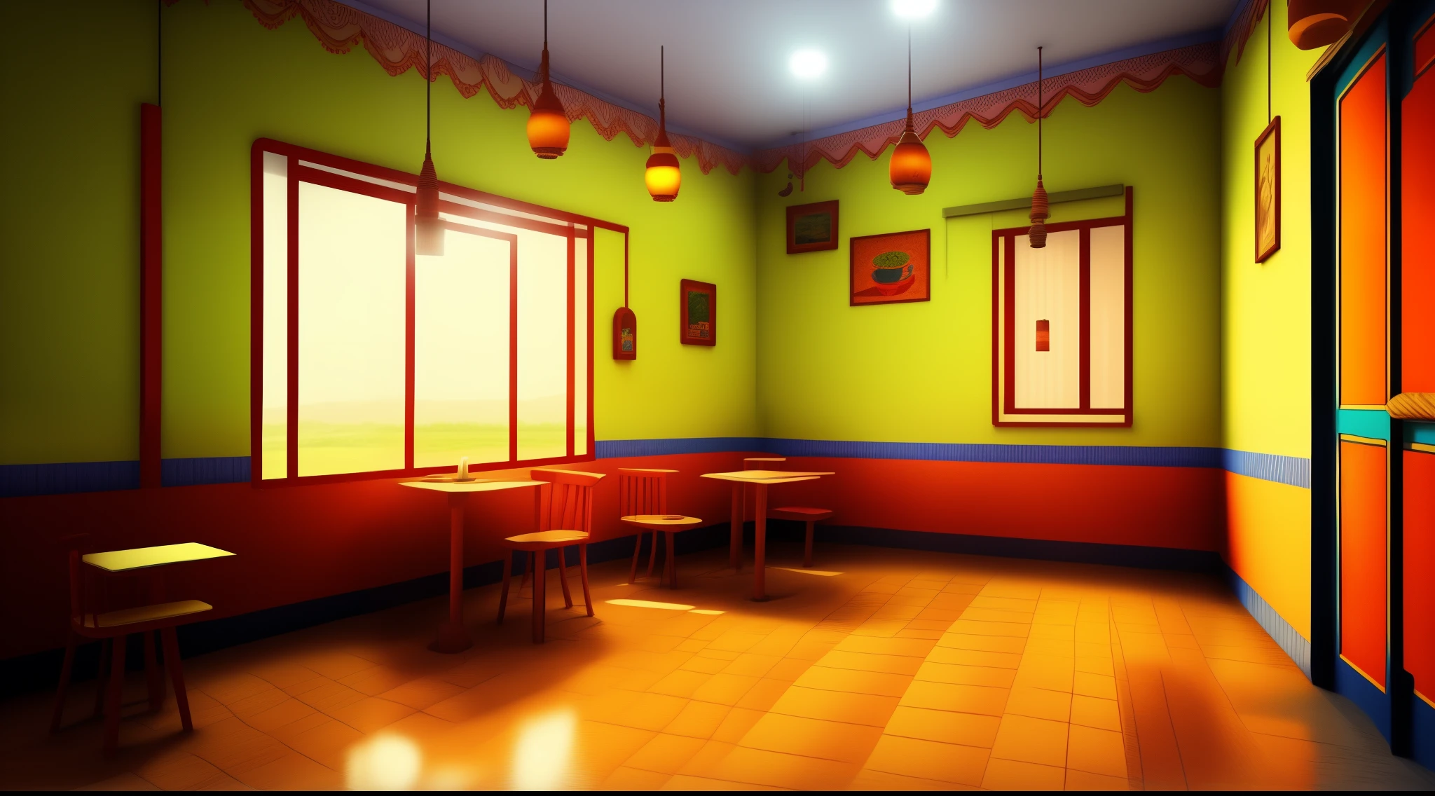 cartoon road side cafe room interior, poor road side cafe room interior, room , bad condition room interior, a Indian room a small room, Indian room interior bright white lighting