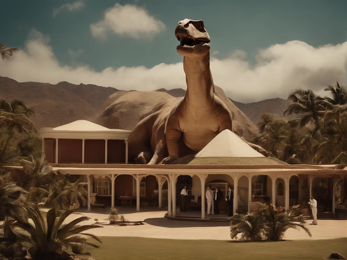 Argentinian dinosaur test center in the style of a 1950s picture on a tropical island, taken by a 9mm camera from the 50s, low quality, men in black suits smoking cigars, white suits, brown suits, realistic