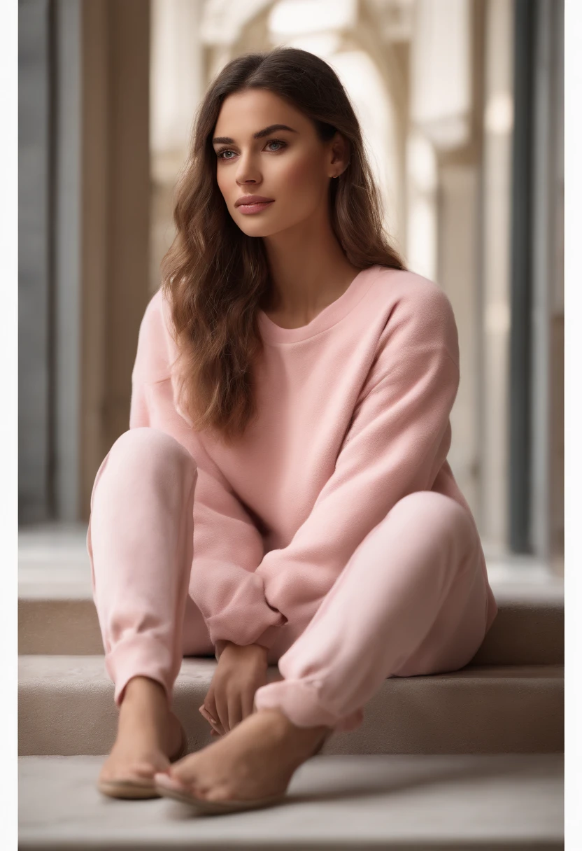 Arafida woman, (tmasterpiece: 1.3), (8K, Realistisch, photo in RAW format, beste-Qualit: 1.4), beste-Qualit, hight resolution, tmasterpiece, best detail, 8K, 3D model wearing a pink sweatshirt and pants, made in a soft style, face detail, a mulatto, Floor length, Fantastic quality, feminine exuberance, boring photo, no inscriptions or logos