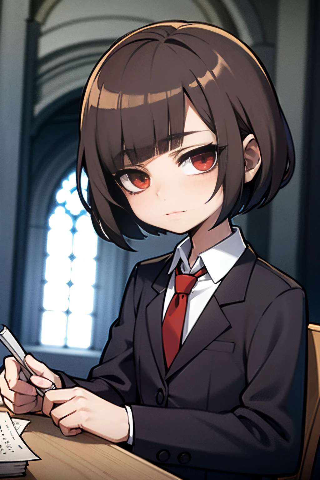 Anime, young boy, brown hair, bob haircut, red eyes, white japanese student outfits, black student blazer, in a cathedral, blue vitral in background, grey filter, grey walls, 4k, masterpiece