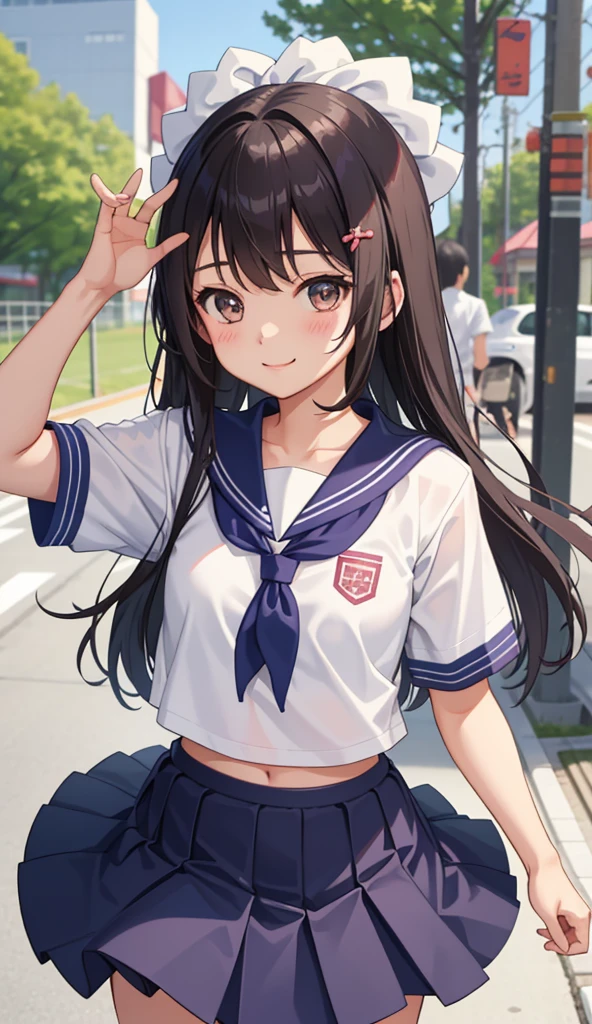 1girl in、A smile、The shirt、skirt by the、（small tits）Chilarism、Japan High School Student Uniform、serafuku、summer clothing、（Sheer Bra）、Upper body portrait、Dynamism!!Running with the wind、