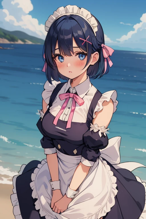 1girl, solo, breasts, looking at viewer, blush, short hair, blue eyes, hair ornament, dress, ribbon, medium breasts, blue hair, hair ribbon, outdoors, detached sleeves, sky, day, hair over one eye, apron, blue sky, maid, maid headdress, x hair ornament, pink ribbon, roswaal mansion maid uniform