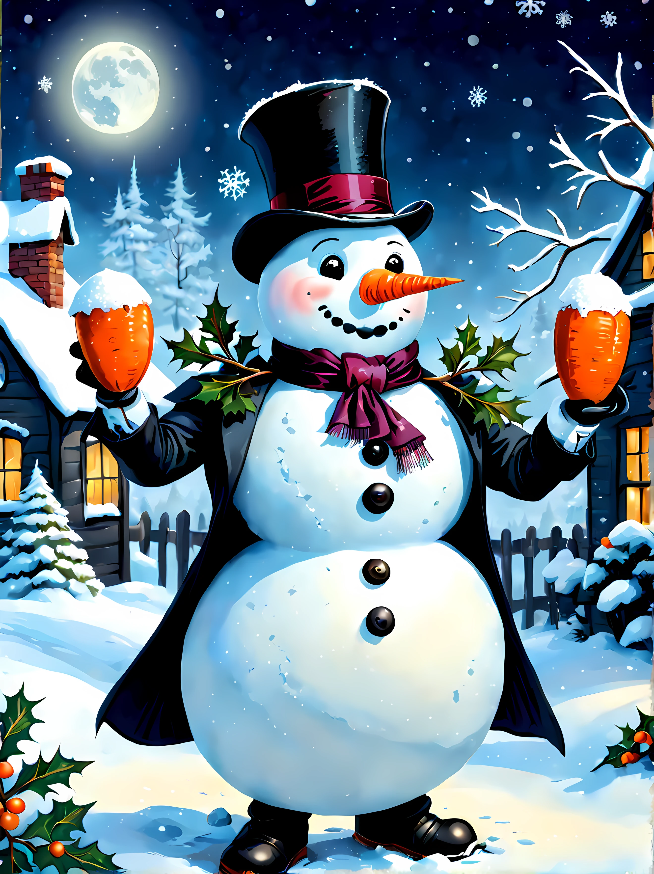 CuteCartoonAF, Cute Cartoon, sticker, as the snowflakes gently blanketed the ground a peculiar sight emerged in the moonlit garden a snowman adorned in (Victorian-era attire), dressed in a dapper top hat, a velvet coat with tails, and a perfectly knotted silk cravat, this frosty gentleman stood proudly amidst the snowy landscape, his carrot nose and coal eyes exuded a sense of charm, while his stick arms gestured with aristocratic grace, what stories would this refined snowman tell of winter's past in the grand Victorian age, stickers