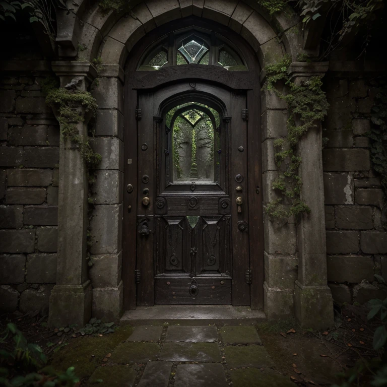 best quality,4k,8k,highres,masterpiece:1.2,ultra-detailed,(realistic,photorealistic,photo-realistic:1.37),dark and gloomy,ancient stone texture,engraved patterns,ominous atmosphere,creepy vines creeping across the walls,light shining through the cracks,shadows playing on the ground,haunting silence,magic aura surrounding the doorway,lost and forgotten secrets,darkened path leading into the unknown,whispers of hidden treasures,entrance to another world,thick moss covering the ground,mysterious symbols carved into the door,ancient protection spells,soft glow illuminating the surrounding foliage,mystical energy pulsating from the doorway,majestic pillars framing the entrance,overgrown ivy crawling up the sides,crumbling bricks revealing the passage of time,distant echoes of forgotten stories,enchanted door handle beckoning the curious,ethereal mist swirling around the entrance,sense of anticipation and curiosity,faint scent of adventure and mystery,enchanted realm waiting to be discovered,journey into the depths of imagination,stepping into the realm of the unknown, closed door.