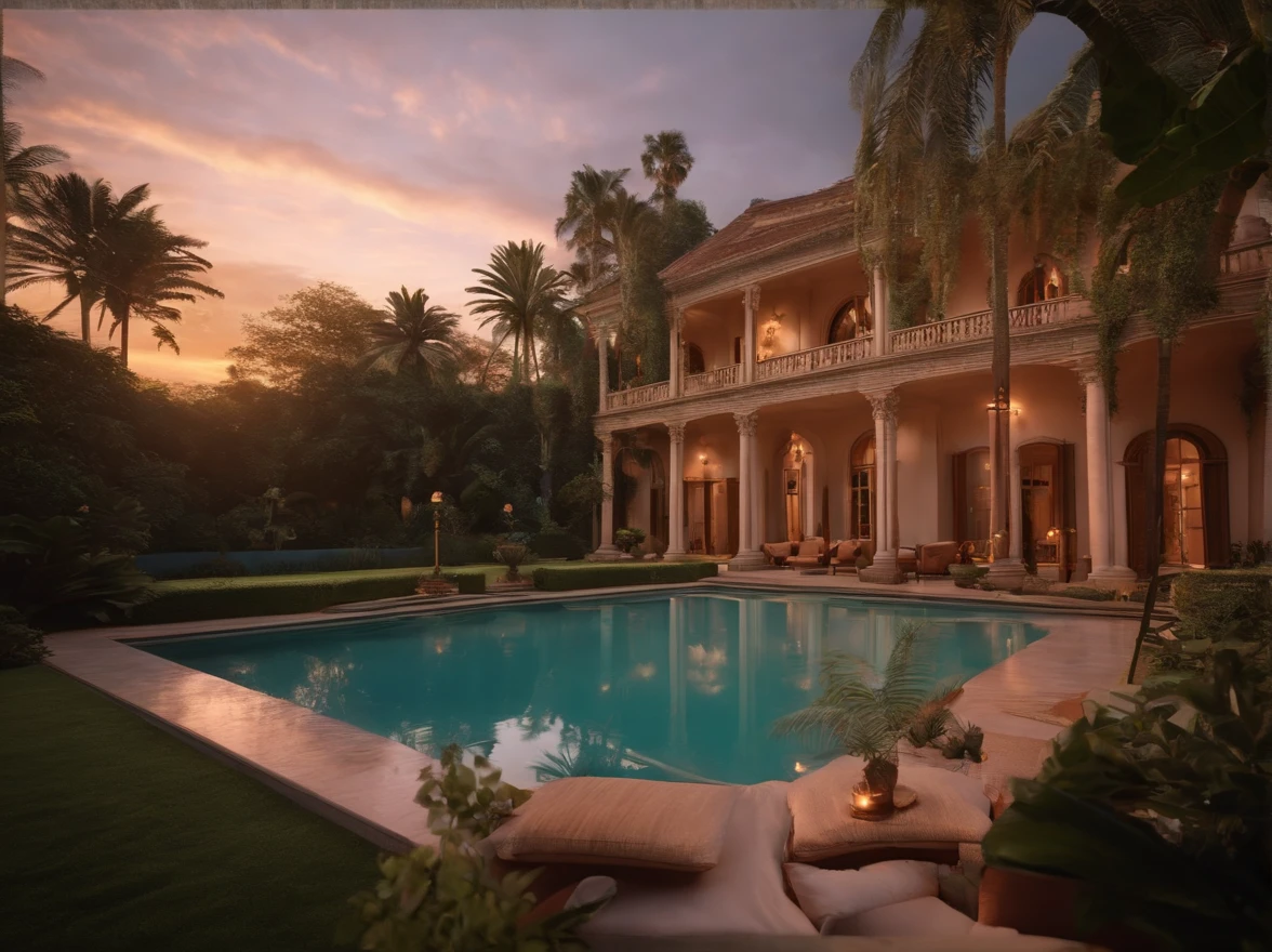Argentinian/Italian Mansion in a Tropical forest with a pool and italian furniture, sunset, 50s camera, 8mm camera, realistic