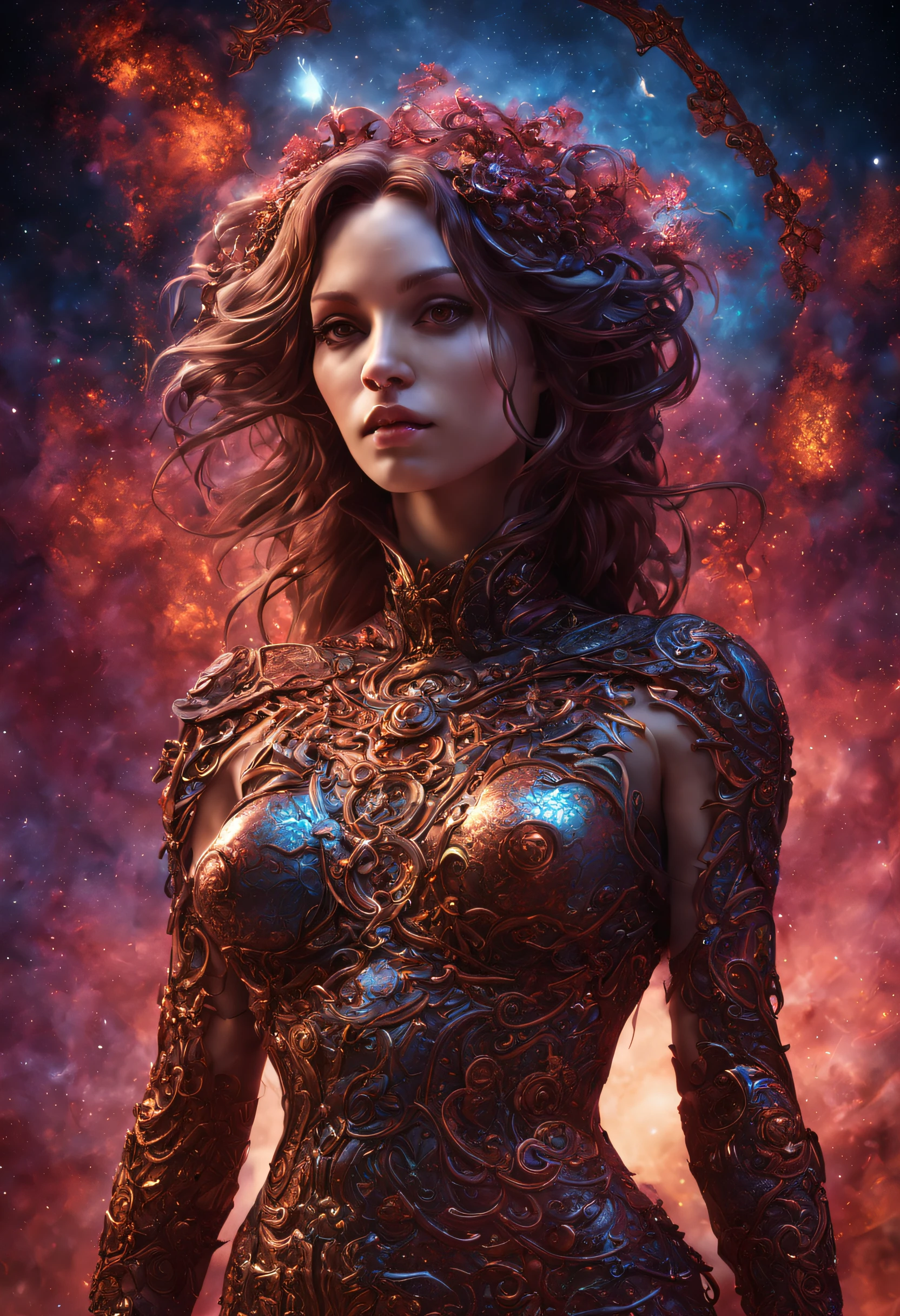 3d perspective Metaverse Woman body, of eternity artifact  Holly souls item  a highly-detailed dark fantasy masterpiece illustration by seb mckinnon; deep colors, intricate detail, backlight,  trending on artstation, volumetric light , cosmos style, stars clouds, black holes,