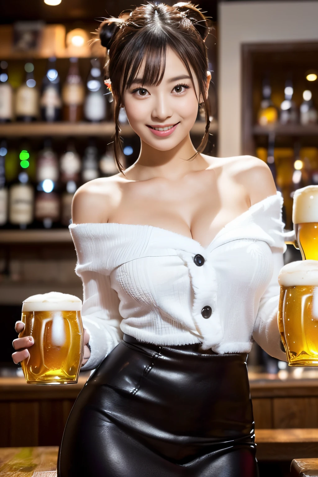 １girl, ((masterpiece,best quality,extremely detailed )), seductive smile, kawaii and cute, blue eyes, medium breasts,breasts out, nsfw, best quality, 1girl, Hashimoto Kanna, black hair, smile, looking at viewer, peeing in cup, beer mug, squatting, detailed beautiful face, nsfw,bunny suit ,black fishnet tights, black hair, medium breasts,public hair, bare breasts, squatting on top of a bar, peeing into a beer mug, holding beer mugs, on stage, ((Pouring pee into a glass below the crotch)),smile, front view, shiny skin, Kanna, ((breasts out))