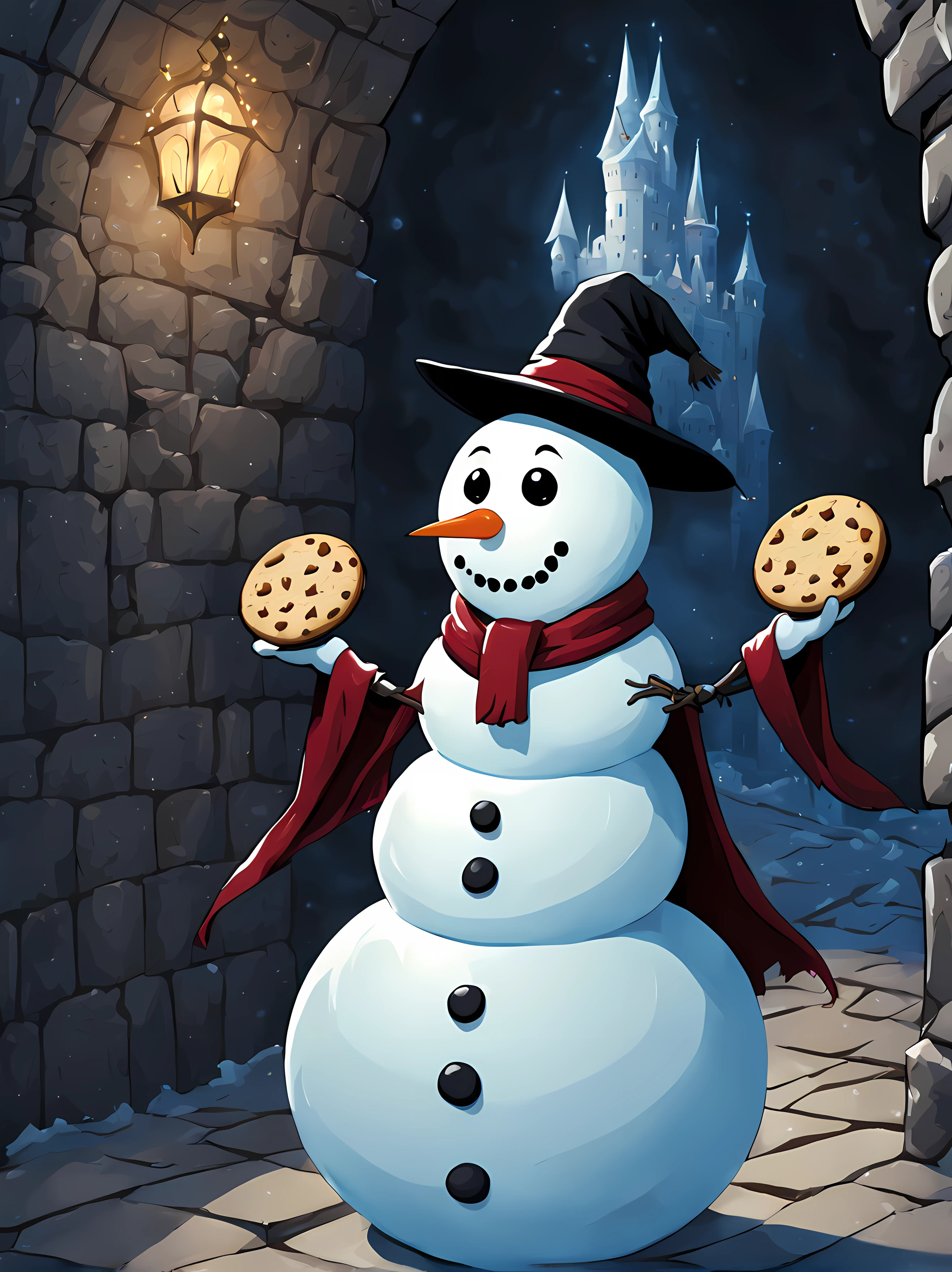 CuteCartoonAF, Cute Cartoon, deep within the ancient halls of a foreboding gothic castle a snowman stood as an unexpected sentinel, its icy form contrasted against the dark stone walls emanating an otherworldly presence ((holding an array of delicious cookies)), wizard cloak adorned with a silver spiderweb, and a cloak that seemed to blend into the shadows