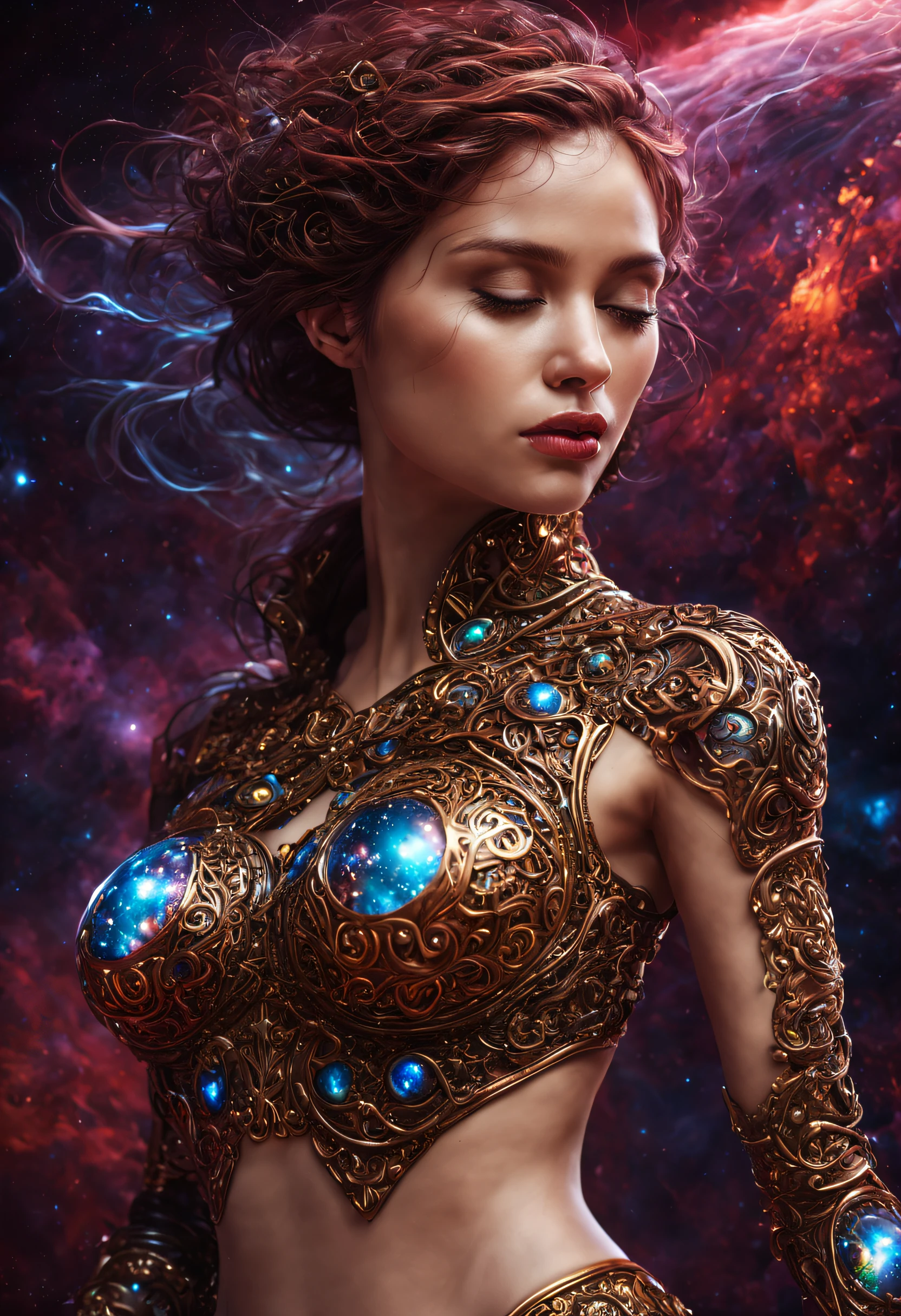 3d perspective Metaverse Woman body, of eternity artifact  Holly souls item  a highly-detailed dark fantasy masterpiece illustration by seb mckinnon; deep colors, intricate detail, backlight,  trending on artstation, volumetric light , cosmos style, stars clouds, black holes,