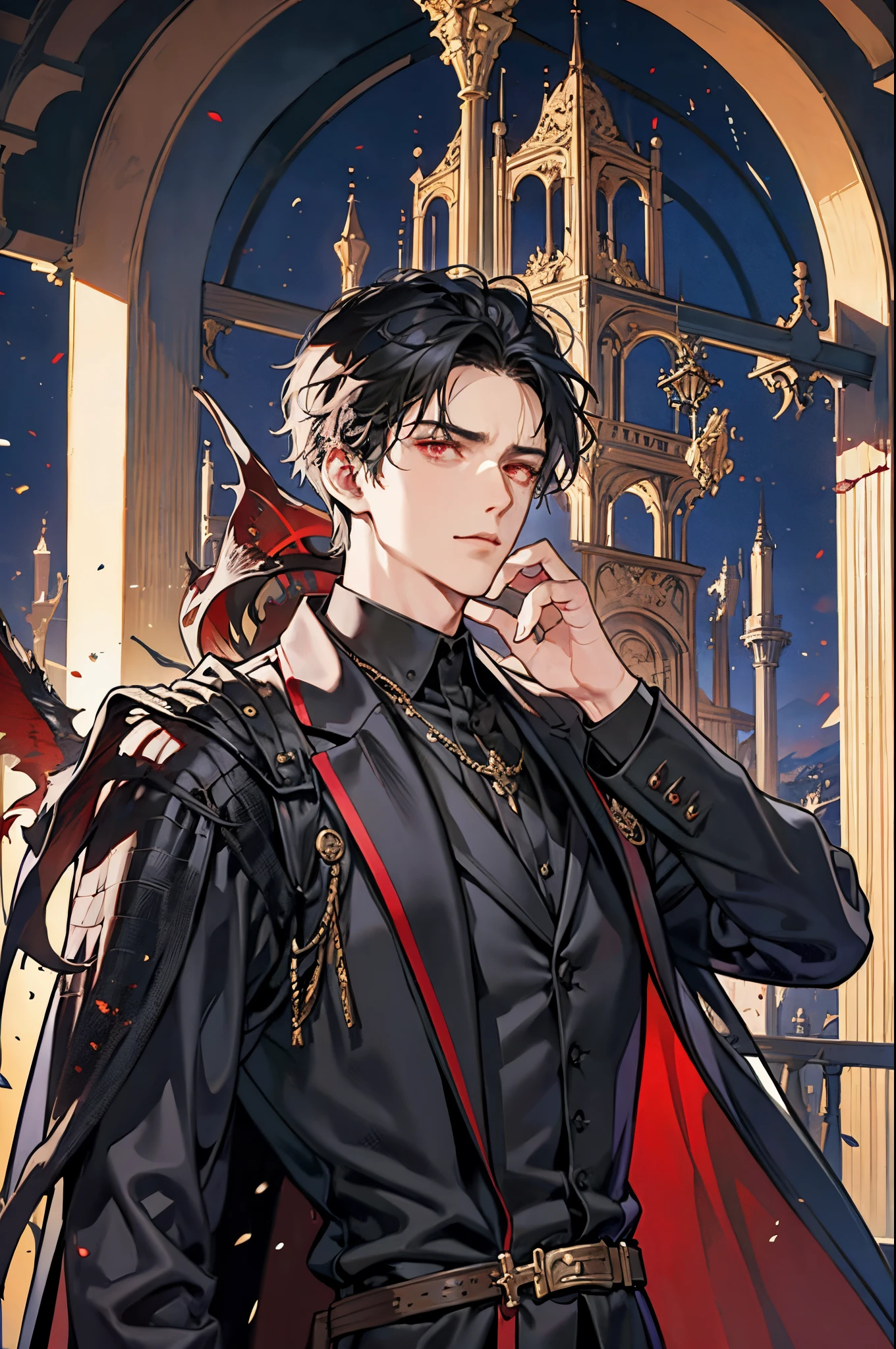 1 male, adult, mature face, short messy black hair , handsome, dark red eyes, condescending, arrogant, royalty, close up, tyrannical ruler, in medieval castle