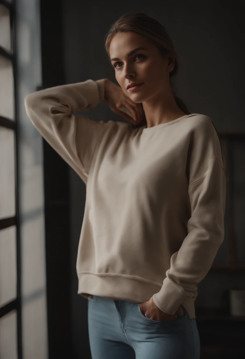 (Meisterwerk: 1.3), (8K, realistisch, RAW-Foto, best qulaity: 1.4), best qulaity, hight resolution, Meisterwerk, bestes Detail, 8K, 3d Modell in hellblauem Sweatshirt und Hose, im weichen Stil gemacht, Gesichtsdetail, ukrainisch, in full height, dreamy quality, weibliche Ausgelassenheit, mattes Foto, ohne Aufschriften und Logos