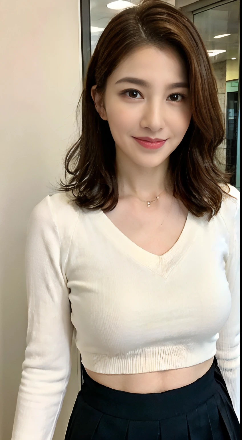 ((in a panoramic view、Body standing))top-quality、tmasterpiece、超A high resolution、(Photorealsitic:1.4)、A Japanese lady、34-year-old female，ssmile，Wavy brunette hair、Silk、Sexy cropped knitted crewneck top，Skirt that wraps hips（huge boob：1.4 No dew point）、standing on your feet：1.2，Lively streets，Get wet，Slightly chubby body：1.2，Straight body，Slightly chubby face：1.2，Wrinkles at the corners of the eyes，There are wrinkles at the corners of the mouth，perfect bodies，facing at camera