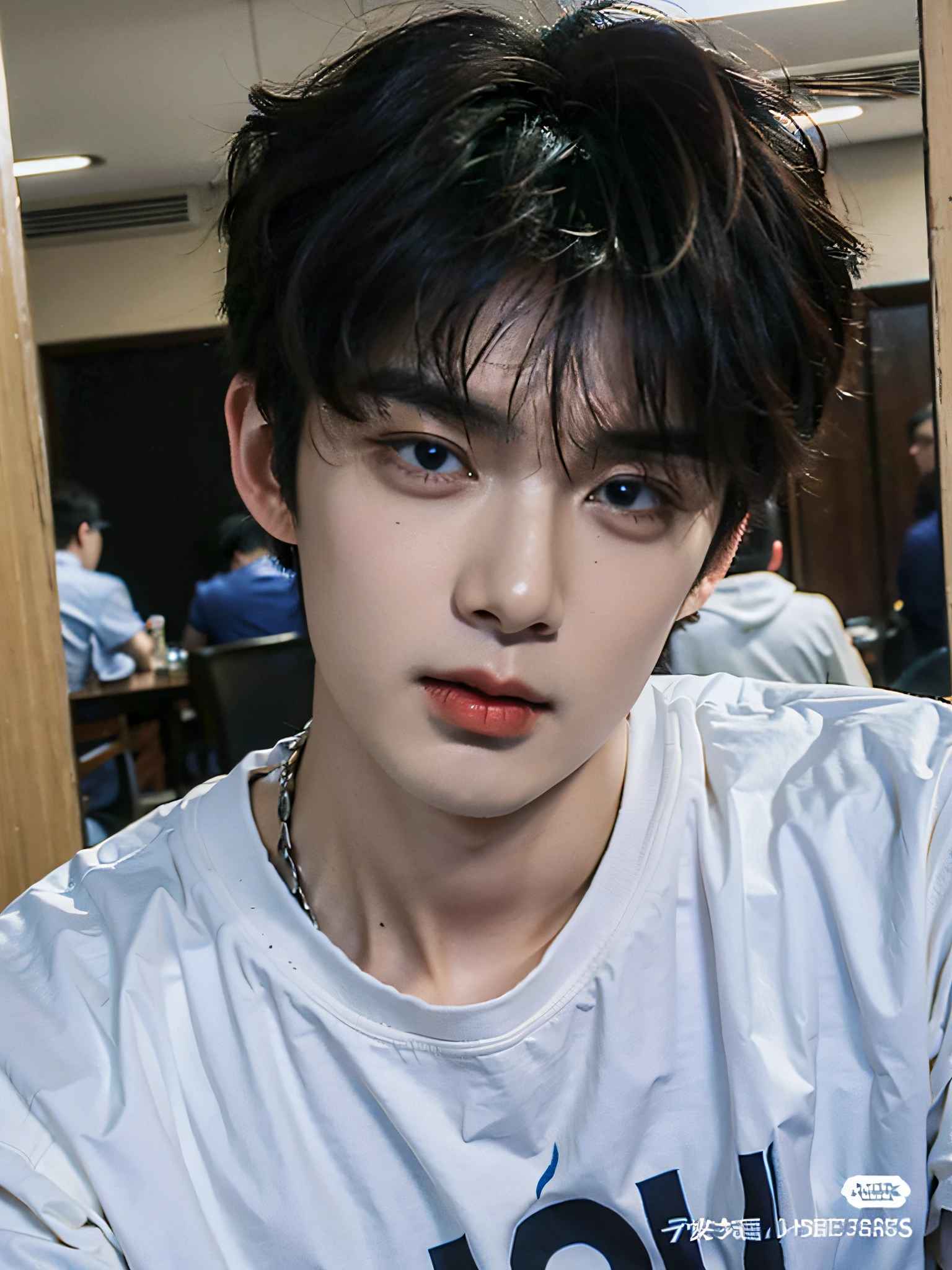 in a white shirt，Asian man with a chain around his neck, Cai Xukun, Shin Jinying, Male ulzzang, yanjun cheng, Inspired by Bian Shoumin, Kim Do-young, jung jaehyun, 1 7 - year - old boy thin face, kanliu666, wan adorable korean face, pic, shaxi