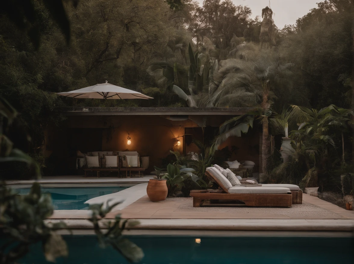 Argentinian/Italian Mansion in a Tropical forest with a pool and italian furniture, sunset, 50s camera, 8mm camera, realistic, 8k, 4k, high quality, top quality