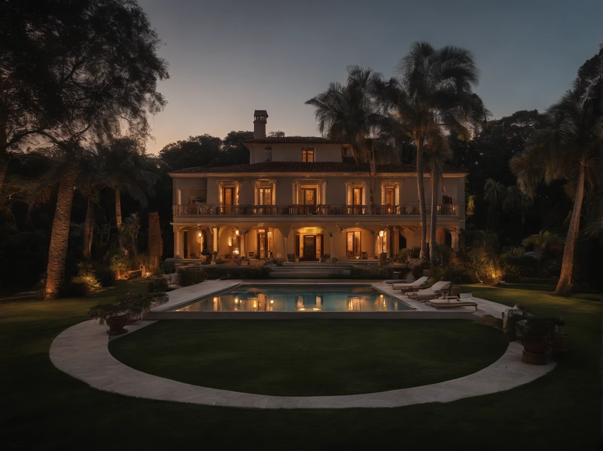 Argentinian/Italian Mansion in a Tropical forest with a pool and italian furniture, sunset, 50s camera, 8mm camera, realistic, 8k, 4k, high quality, top quality