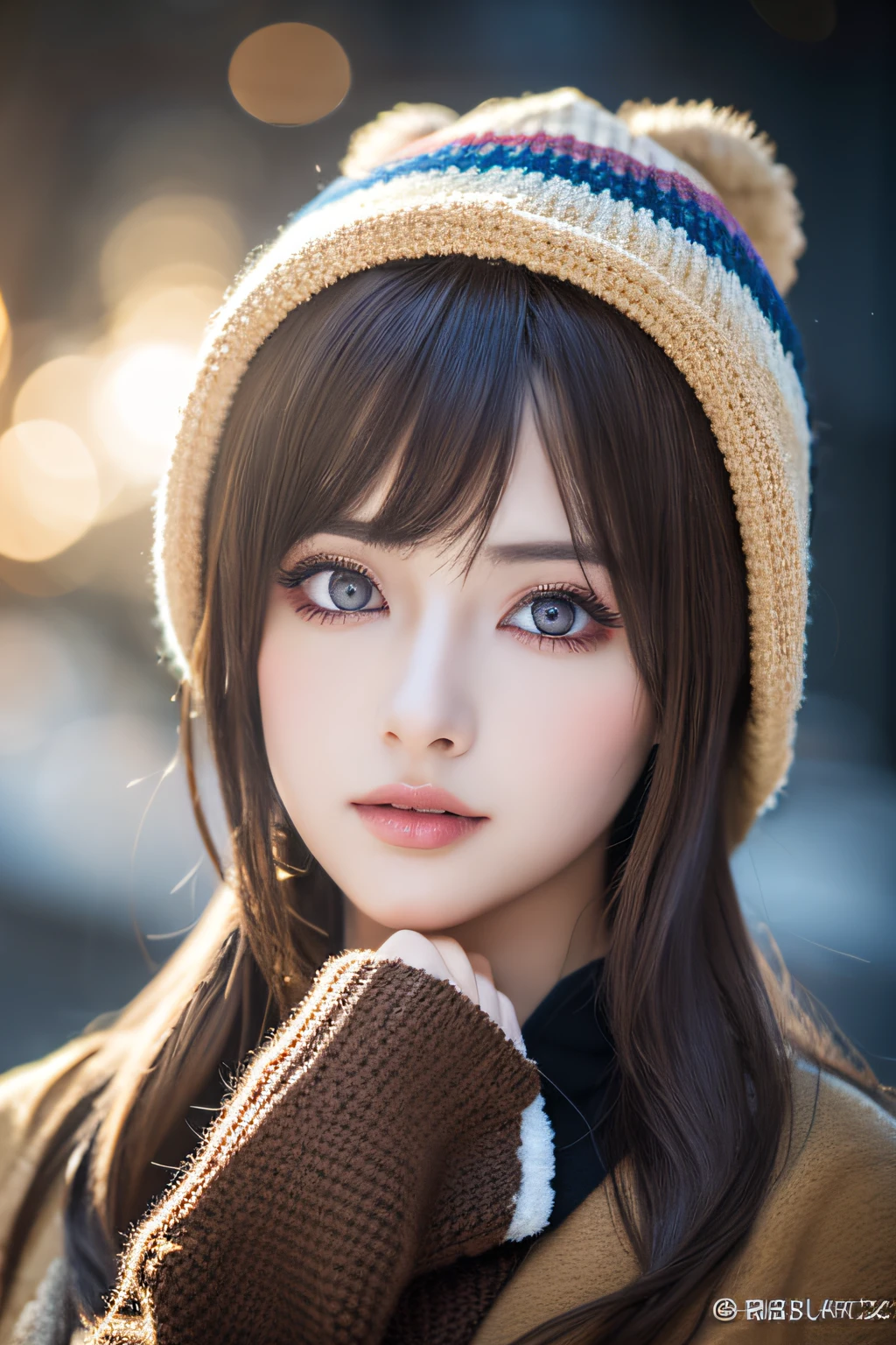 Starry eyes, It looks even more beautiful than immortal, Ahoge, hair, star-shaped pupils, Amber eyes, colored contact lenses, blush, high detailing, Anime, romanticism, Modern, Gothic art, Anime style, Film Lighting, Ray tracing, Motionry, close-up, Sony FE GM, nffsw, high detailing, of the highest quality, 8K, Big breasts, light brown hair, hat, Twin-tailed, Clean fingers, Well-formed fingers, Long jacket, bow ribbon, mystery, knit hat, Snow, irate, impatience