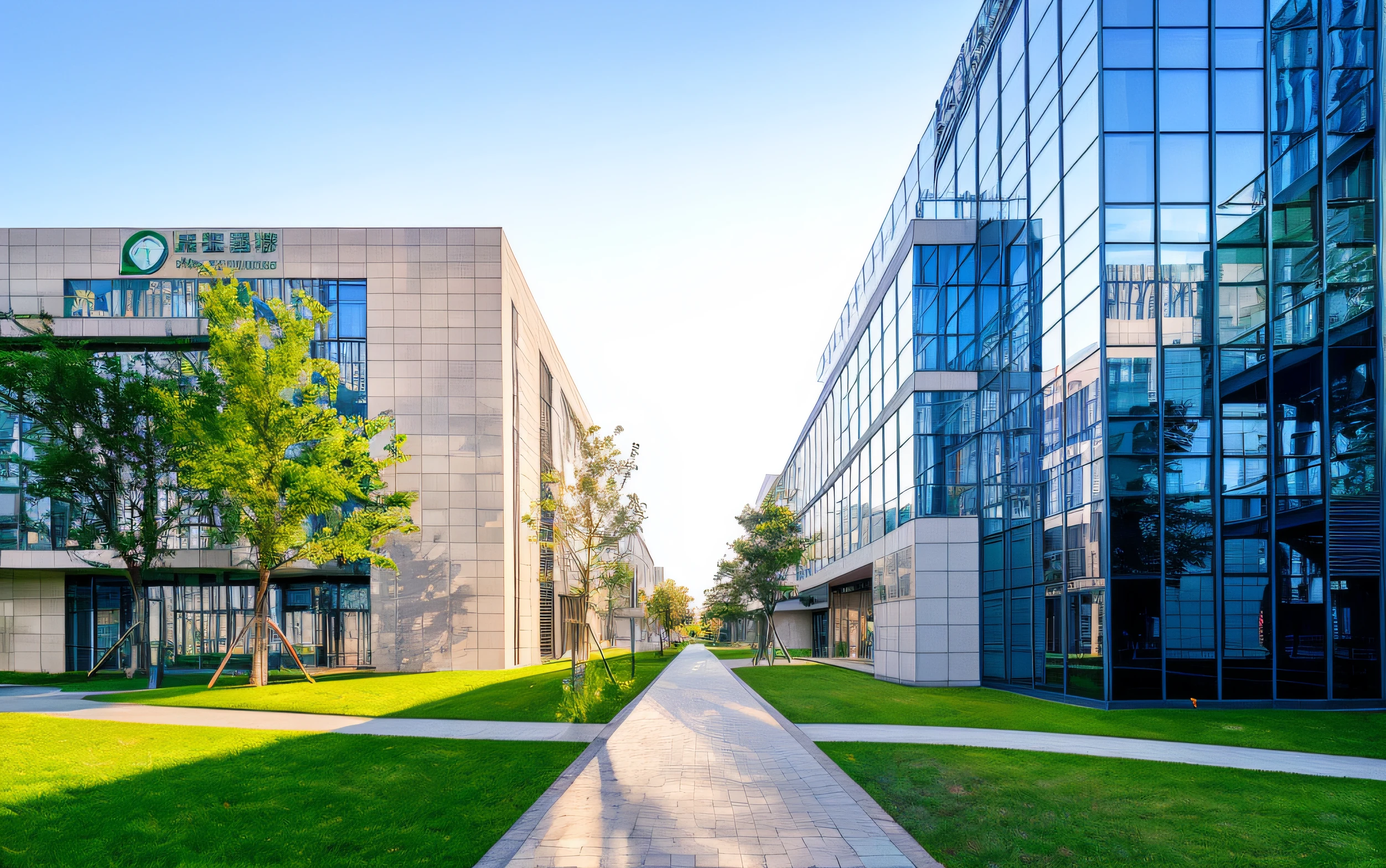 Grass between two buildings，There is a sidewalk in the middle, empty buildings and vegetation, research complex, office building, modern technology building, medical research facility, college, window shutters, modernn architecture, dynamic and energetic, green square, Skyscrapers and green plants, 2022 wide angle exterior, full of clear glass facades, On a sunny day, 夏天