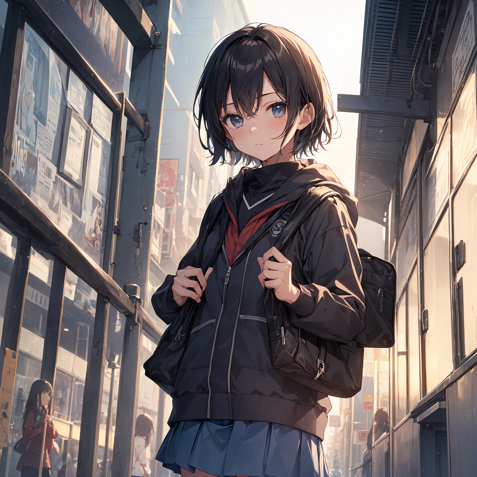 Portrait, Documentary, Photo, A girl is 13-year-old gender-neutral middle school student with short black hair and small chest, walking on the school commute route with a tired expression, Short hair, School uniform, skirt, School commute route, High quality, Realistic, Eye-level shot, Medium shot, up view, Natural lighting, School commute,break,1girl, (Solo,Loli face,13-year-old:1.5),a junior high school student, androgynous charm, (Very Short hair), flat chest, Small butt, Beautiful detailed black eyes, disgusted eye,detailed eyelid, break,((top quality,shinkai makoto style,ultra-detailed,high resolution,extremely detailed CG,unity 8k wallpaper,by famous artist,perfect anatomy,super detailed skin,cinematic lighting)),