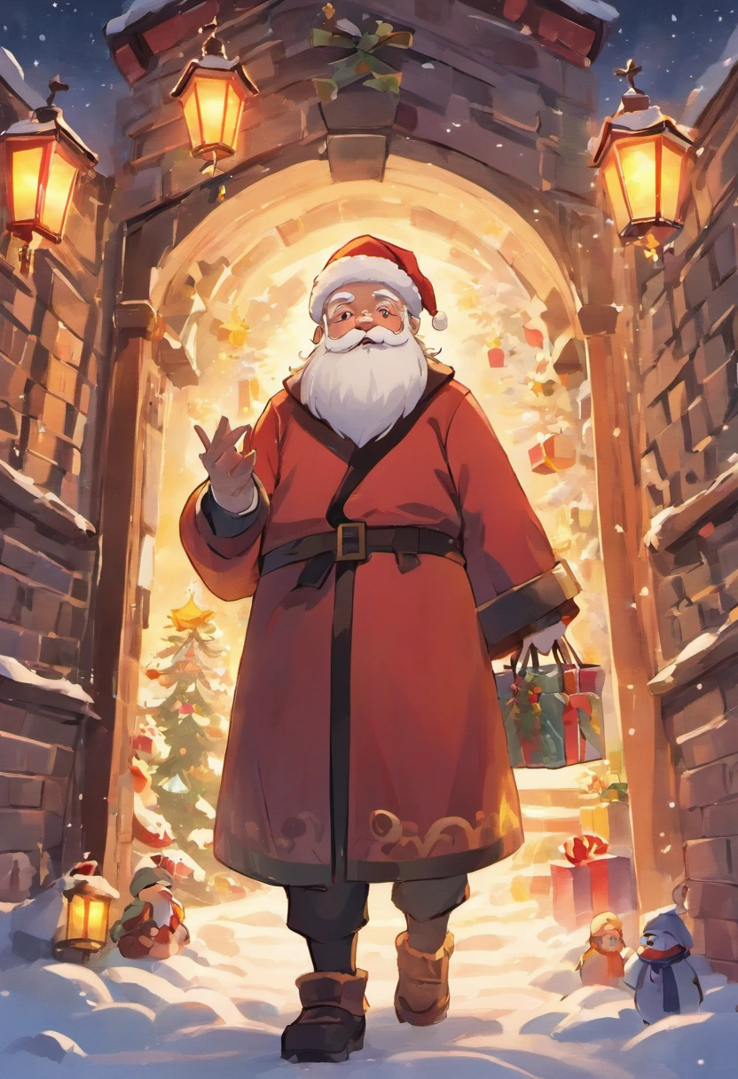 A kind old man,Wearing red coat and hat,White beard and smiling facial expression,Santa Claus holding a big bag or gift box,Filled with various exquisite gifts,Such as toys、Confectionery、Books etc.,There can be a gorgeous Christmas tree in the picture,It's full of lanterns、Various decorations and gifts,Falling snowflakes can be added to the picture,Add a winter feel to the scene。Can depict some happy children,Excitement surrounding Santa Claus and gifts,Looking forward to receiving their favorite gifts。Use warm colors,Such as red、green and gold,To create a warm holiday atmosphere,You can picture Santa Claus entering the house through the chimney,One of the elements that symbolizes Christmas traditions。You can add some curious animals to the picture,like a reindeer or a bird,Watching Santa Claus delivering gifts。
