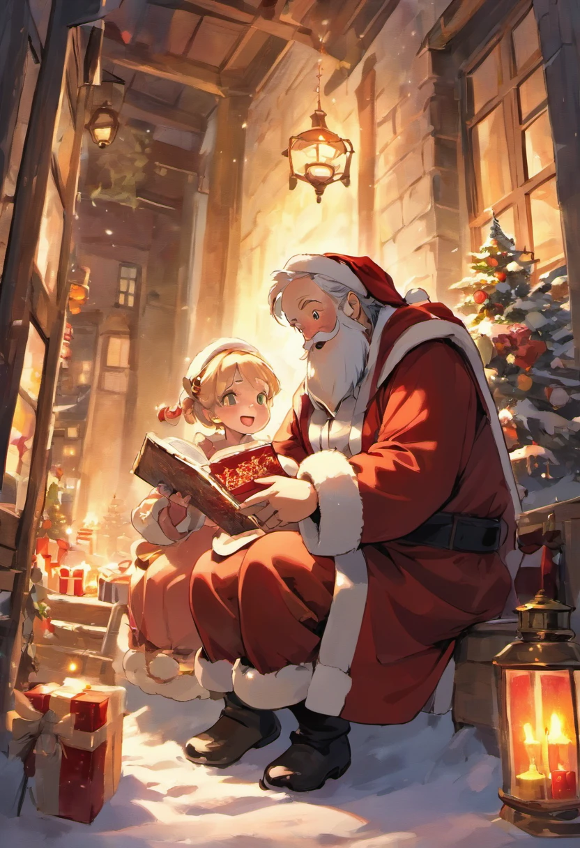 A kind old man，Wearing red coat and hat，White beard and smiling facial expression，Santa Claus holding a big bag or gift box，Filled with various exquisite gifts，Such as toys、Confectionery、Books etc.，There can be a gorgeous Christmas tree in the picture，It&#39;s full of lanterns、Various decorations and gifts，Falling snowflakes can be added to the picture，Add a winter feel to the scene。Can depict some happy children，Excitement surrounding Santa Claus and gifts，Looking forward to receiving their favorite gifts。Use warm colors，Such as red、green and gold，To create a warm holiday atmosphere，You can picture Santa Claus entering the house through the chimney，One of the elements that symbolizes Christmas traditions。You can add some curious animals to the picture，like a reindeer or a bird，Watching Santa Claus delivering gifts。