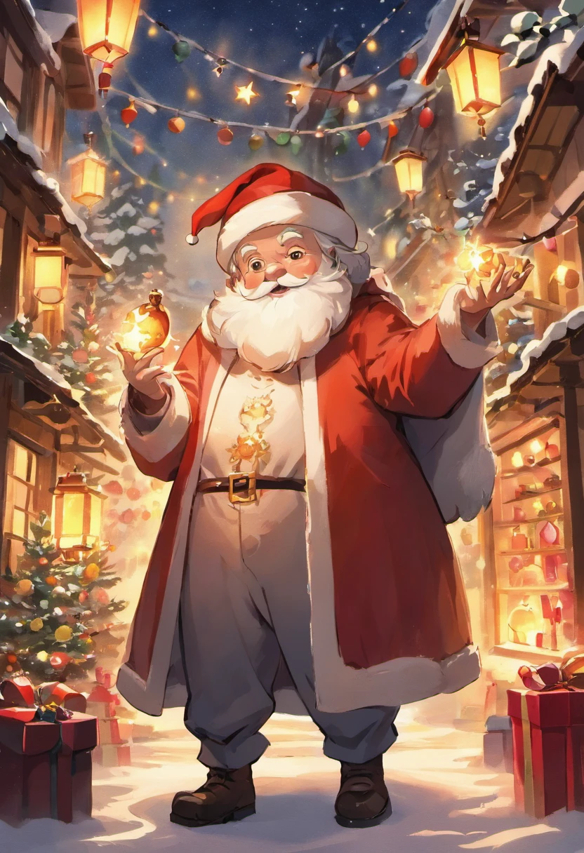 A kind old man，Wearing red coat and hat，White beard and smiling facial expression，Santa Claus holding a big bag or gift box，Filled with various exquisite gifts，Such as toys、Confectionery、Books etc.，There can be a gorgeous Christmas tree in the picture，It&#39;s full of lanterns、Various decorations and gifts，Falling snowflakes can be added to the picture，Add a winter feel to the scene。Can depict some happy children，Excitement surrounding Santa Claus and gifts，Looking forward to receiving their favorite gifts。Use warm colors，Such as red、green and gold，To create a warm holiday atmosphere，You can picture Santa Claus entering the house through the chimney，One of the elements that symbolizes Christmas traditions。You can add some curious animals to the picture，like a reindeer or a bird，Watching Santa Claus delivering gifts。
