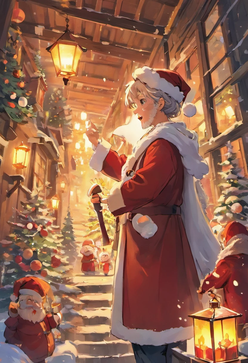 A kind old man,Wearing red coat and hat,White beard and smiling facial expression,Santa Claus holding a big bag or gift box,Filled with various exquisite gifts,Such as toys、Confectionery、Books etc.,There can be a gorgeous Christmas tree in the picture,It's full of lanterns、Various decorations and gifts,Falling snowflakes can be added to the picture,Add a winter feel to the scene。Can depict some happy children,Excitement surrounding Santa Claus and gifts,Looking forward to receiving their favorite gifts。Use warm colors,Such as red、green and gold,To create a warm holiday atmosphere,You can picture Santa Claus entering the house through the chimney,One of the elements that symbolizes Christmas traditions。You can add some curious animals to the picture,like a reindeer or a bird,Watching Santa Claus delivering gifts。