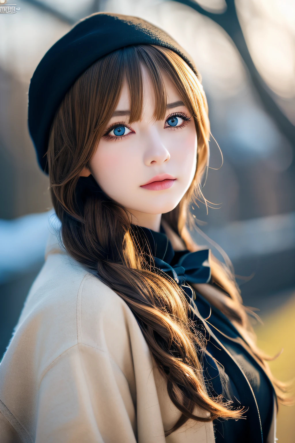 Starry eyes, It looks even more beautiful than immortal, Ahoge, hair, star-shaped pupils, Amber eyes, colored contact lenses, blush, high detailing, Anime, romanticism, Modern, Gothic art, Anime style, Film Lighting, Ray tracing, Motionry, close-up, Sony FE GM, nffsw, high detailing, of the highest quality, 8K, Big breasts, light brown hair, hat, Twin-tailed, Clean fingers, Well-formed fingers, Long jacket, bow ribbon, mystery, knit hat, Snow, irate, impatience