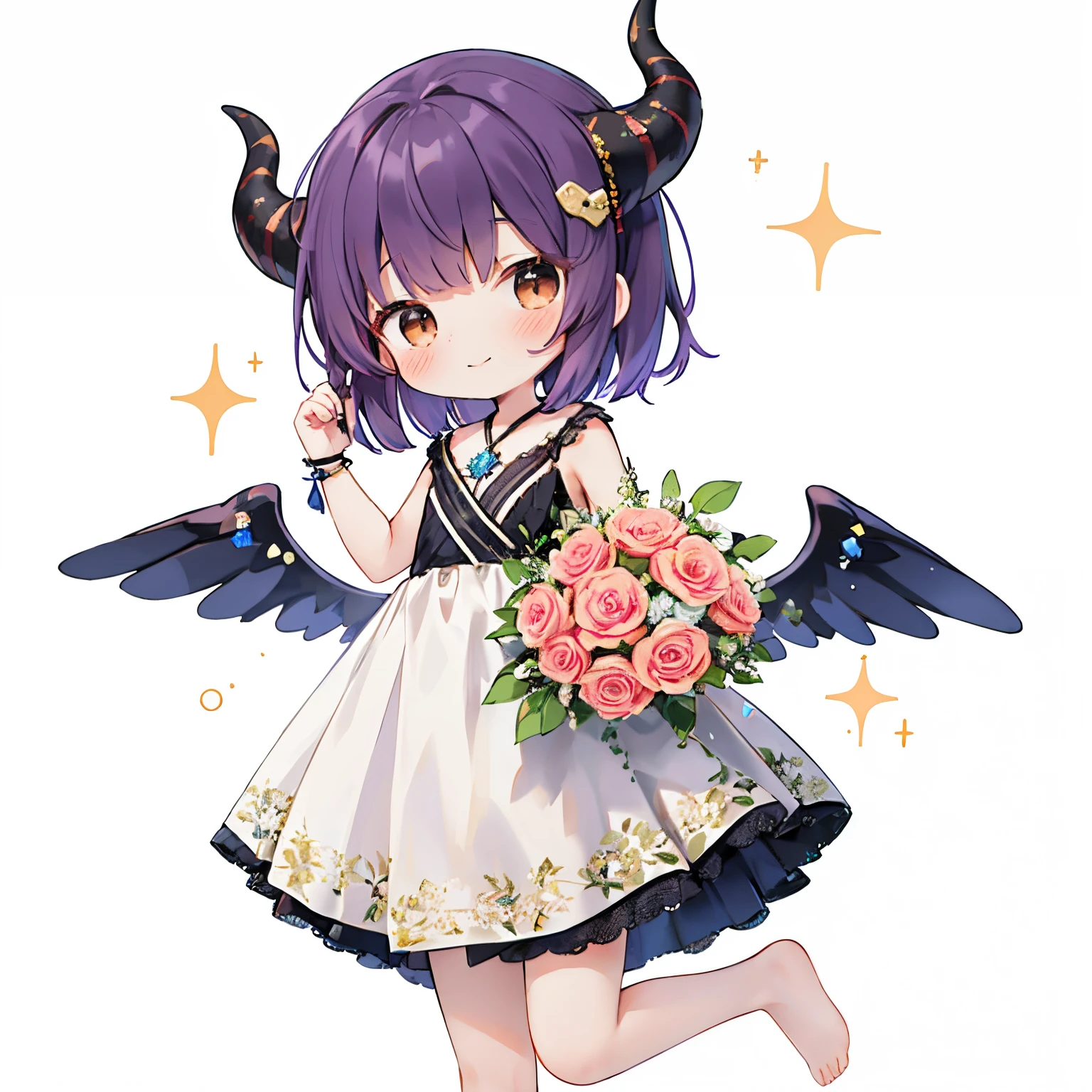 ((with a large bouquet:1.3)),1girl in, Solo, Barefoot, Hair Ornament, Smile, Dress, Horns, White background, Simple background, Brown eyes, hair clips, White Dress, Short hair, blush,, From the side、 Purple hair, Looking at Viewer, Arms up, Standing, Closed mouth, child, Wings, with floral pattern, (Glitter),, jumpping
