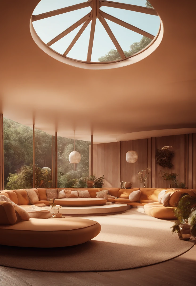 sxnfv-Stil, Sunken living room conversation pit from the 70s, Retrofuturismus Innenarchitektur, Imaginary 3D dreamy 8k blender architecture rendering, neutrales Beige-Farbschema