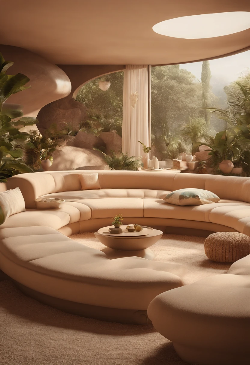 sxnfv-Stil, Sunken living room conversation pit from the 70s, Retrofuturismus Innenarchitektur, Imaginary 3D dreamy 8k blender architecture rendering, neutrales Beige-Farbschema
