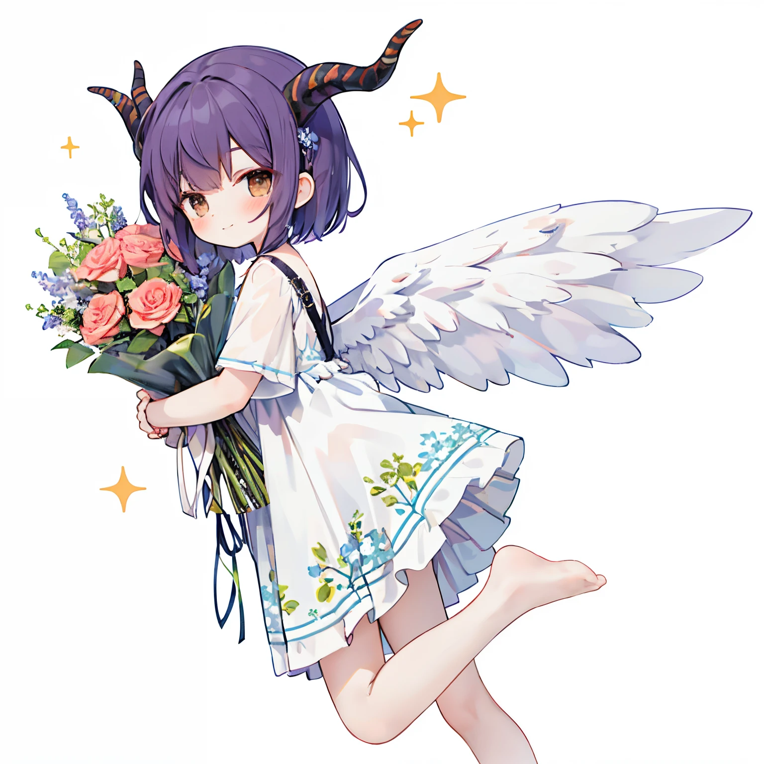 （(with a large bouquet：1.3)），1girl in, Solo, Barefoot, Hair Ornament, Smile, Dress, Horns, White background, Simple background, Brown eyes, hair clips, White Dress, Short hair, blush,, From the side、 Purple hair, Looking at Viewer, Arms up, Standing, Closed mouth, child, Wings, with floral pattern, (Glitter),, jumpping