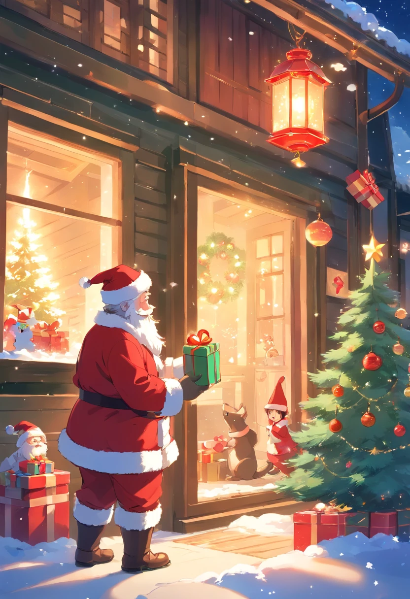 A kind old man，Wearing red coat and hat，White beard and smiling facial expression，Santa Claus holding a big bag or gift box，Filled with various exquisite gifts，Such as toys、Confectionery、Books etc.，There can be a gorgeous Christmas tree in the picture，It&#39;s full of lanterns、Various decorations and gifts，Falling snowflakes can be added to the picture，Add a winter feel to the scene。Can depict some happy children，Excitement surrounding Santa Claus and gifts，Looking forward to receiving their favorite gifts。Use warm colors，Such as red、green and gold，To create a warm holiday atmosphere，You can picture Santa Claus entering the house through the chimney，One of the elements that symbolizes Christmas traditions。You can add some curious animals to the picture，like a reindeer or a bird，Watching Santa Claus delivering gifts。
