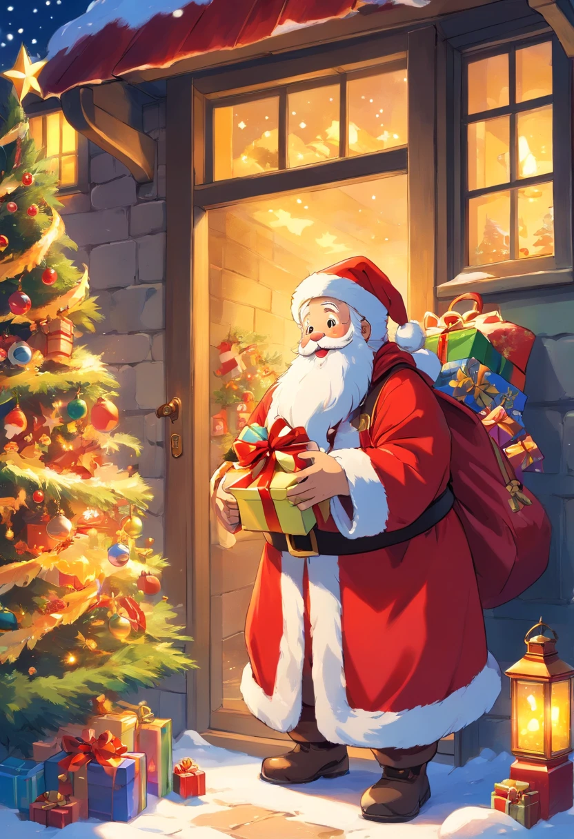 A kind old man，Wearing red coat and hat，White beard and smiling facial expression，Santa Claus holding a big bag or gift box，Filled with various exquisite gifts，Such as toys、Confectionery、Books etc.，There can be a gorgeous Christmas tree in the picture，It&#39;s full of lanterns、Various decorations and gifts，Falling snowflakes can be added to the picture，Add a winter feel to the scene。Can depict some happy children，Excitement surrounding Santa Claus and gifts，Looking forward to receiving their favorite gifts。Use warm colors，Such as red、green and gold，To create a warm holiday atmosphere，You can picture Santa Claus entering the house through the chimney，One of the elements that symbolizes Christmas traditions。You can add some curious animals to the picture，like a reindeer or a bird，Watching Santa Claus delivering gifts。