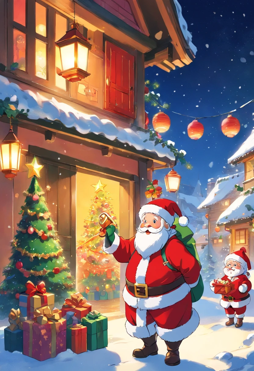 A kind old man,Wearing red coat and hat,White beard and smiling facial expression,Santa Claus holding a big bag or gift box,Filled with various exquisite gifts,Such as toys、Confectionery、Books etc.,There can be a gorgeous Christmas tree in the picture,It's full of lanterns、Various decorations and gifts,Falling snowflakes can be added to the picture,Add a winter feel to the scene。Can depict some happy children,Excitement surrounding Santa Claus and gifts,Looking forward to receiving their favorite gifts。Use warm colors,Such as red、green and gold,To create a warm holiday atmosphere,You can picture Santa Claus entering the house through the chimney,One of the elements that symbolizes Christmas traditions。You can add some curious animals to the picture,like a reindeer or a bird,Watching Santa Claus delivering gifts。