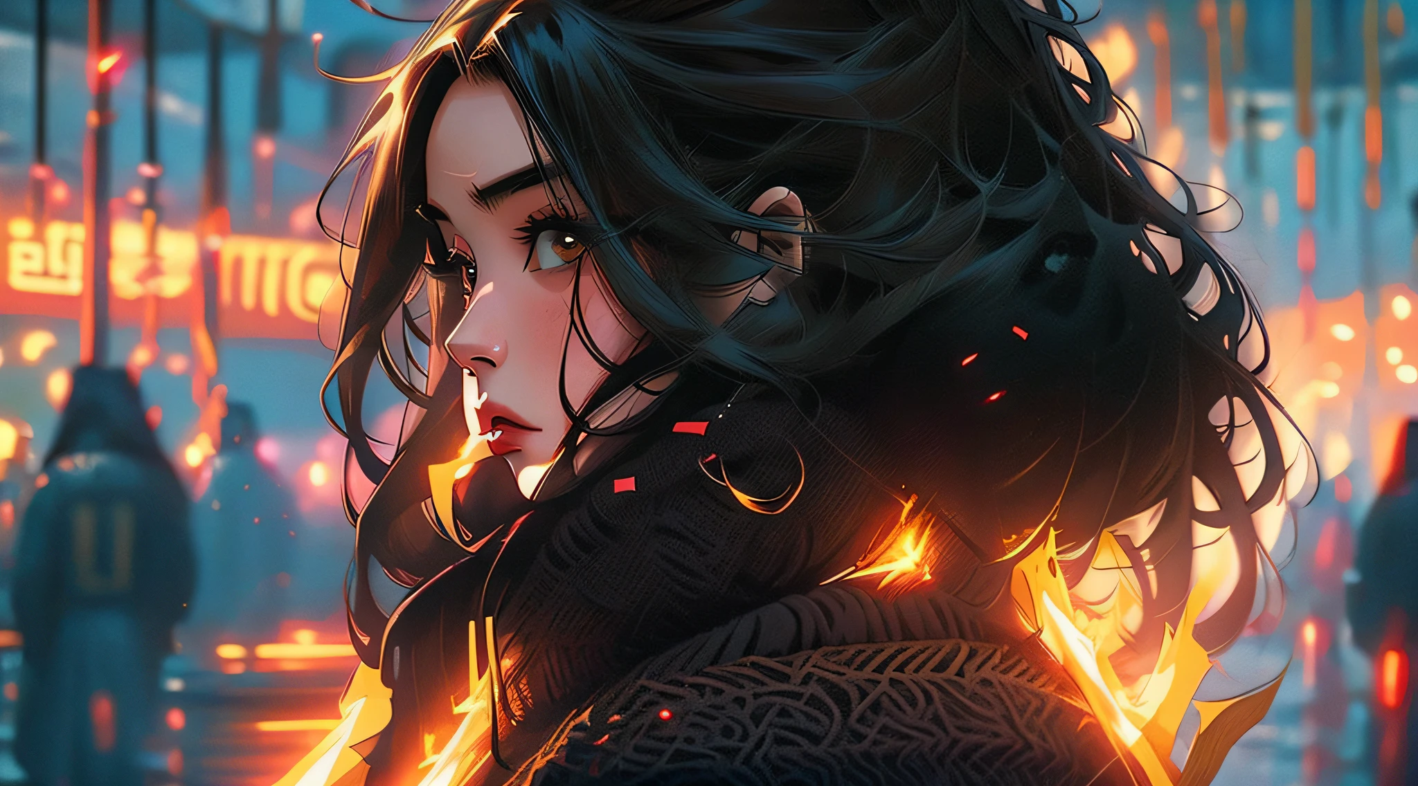 woman, long black hair, background city burns, night, high quality, ultra real, glow