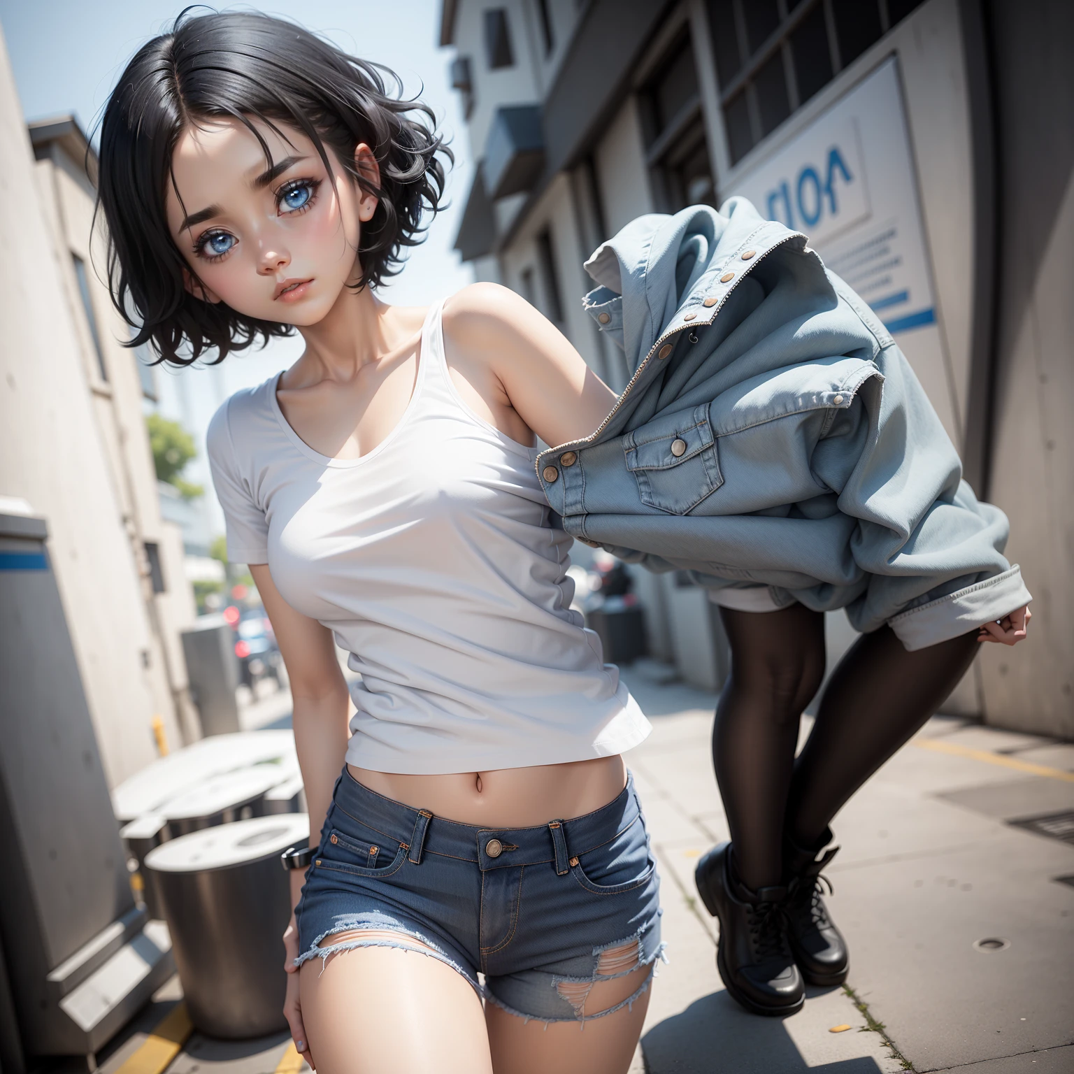1girl, short black hair, blue eyes, wearing plain white shirt, denim shorts, city, absurdres, high res, ultrasharp, 8K, masterpiece, looking at viewer, anime style