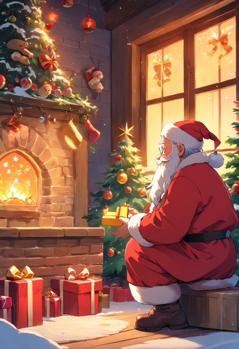 A kind old man,Wearing red coat and hat,White beard and smiling facial expression,Santa Claus holding a big bag or gift box,Filled with various exquisite gifts,Such as toys、Confectionery、Books etc.,There can be a gorgeous Christmas tree in the picture,It's full of lanterns、Various decorations and gifts,Falling snowflakes can be added to the picture,Add a winter feel to the scene。Can depict some happy children,Excitement surrounding Santa Claus and gifts,Looking forward to receiving their favorite gifts。You can picture Santa Claus entering the house through the chimney,One of the elements that symbolizes Christmas traditions。You can add some curious animals to the picture,like a reindeer or a bird,Watching Santa Claus delivering gifts。glowing effect,depth of fields,to emphasize,Real light,ray traycing,oc rendered,hyper realisitc,Best quality,8K,Works of masters,ultradetailed,Detailed pubic hair,Correct anatomy,Eyes in focus,bokeh,Facial features are carefully drawn,