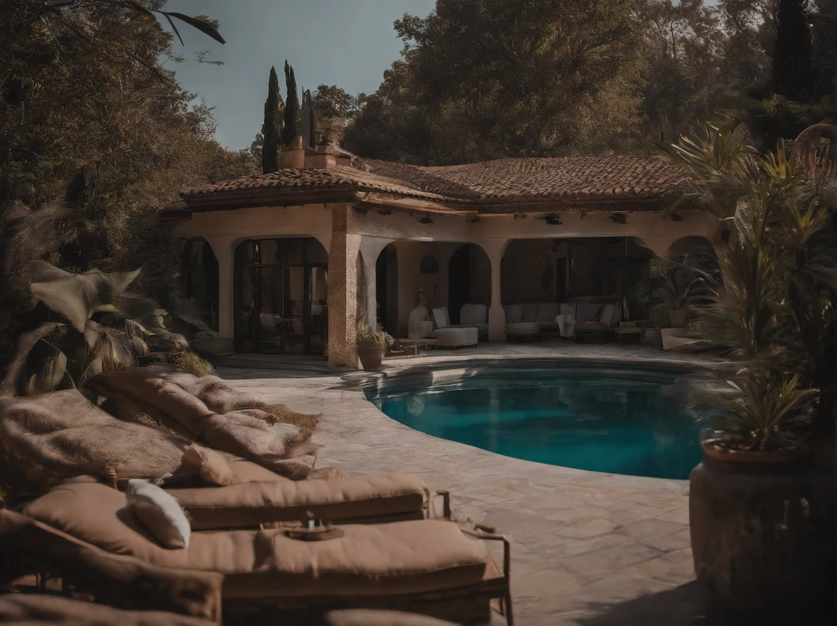 Argentinian/Italian Mansion in a Tropical forest with a pool and italian furniture, sunset, 50s camera, 8mm camera, realistic, 8k, 4k, high quality, top quality