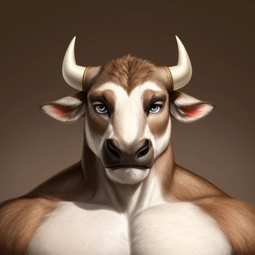 ((solo)), male, anthro, ((bull-face, medium-length horns, muscled body, brown and white furred body)), calm expression, grey eyes, ((half body shot))