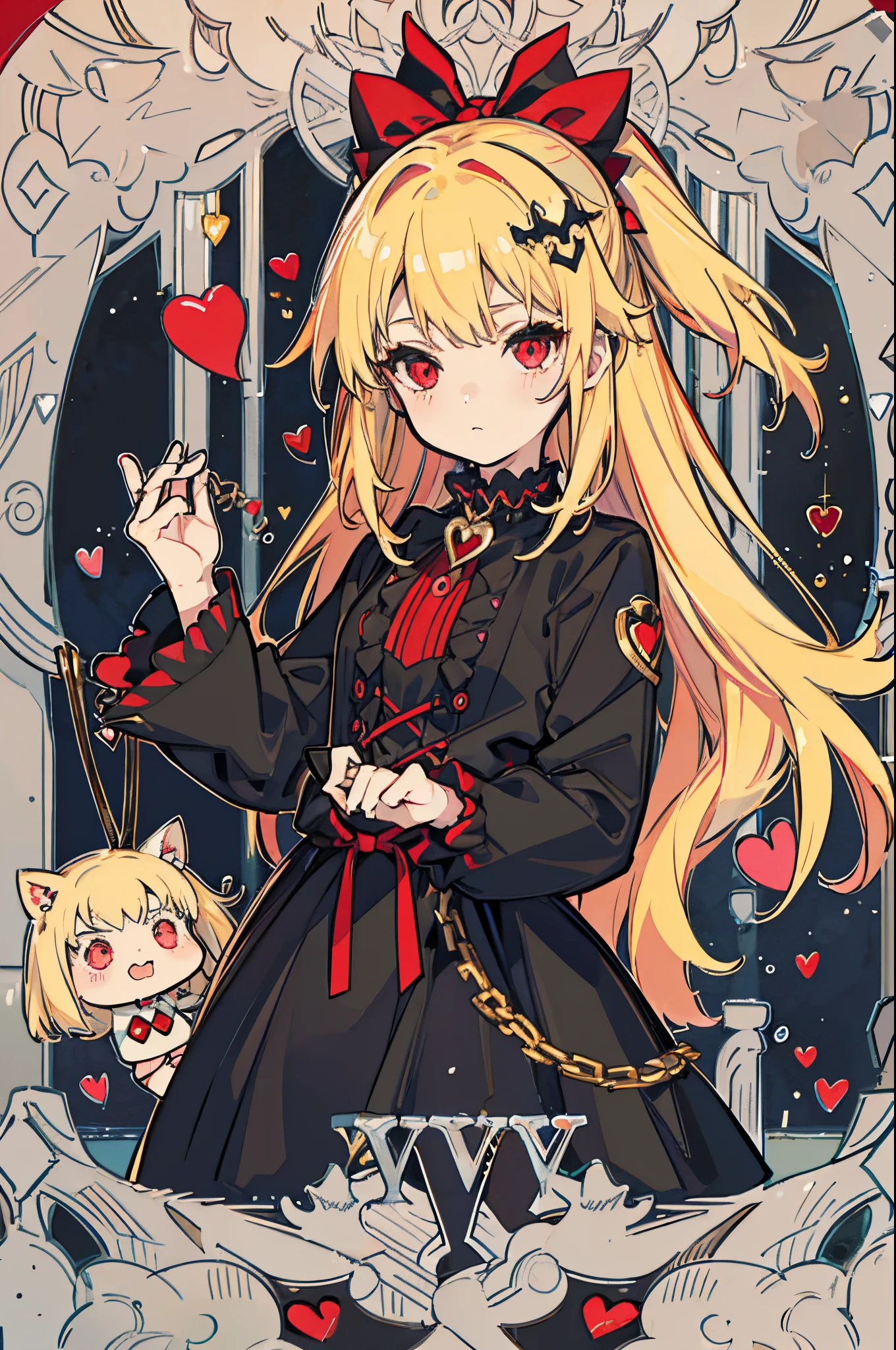 Cute youthful goth girl with blonde hair and red eyes with love hearts, with a small waist and detailed costume