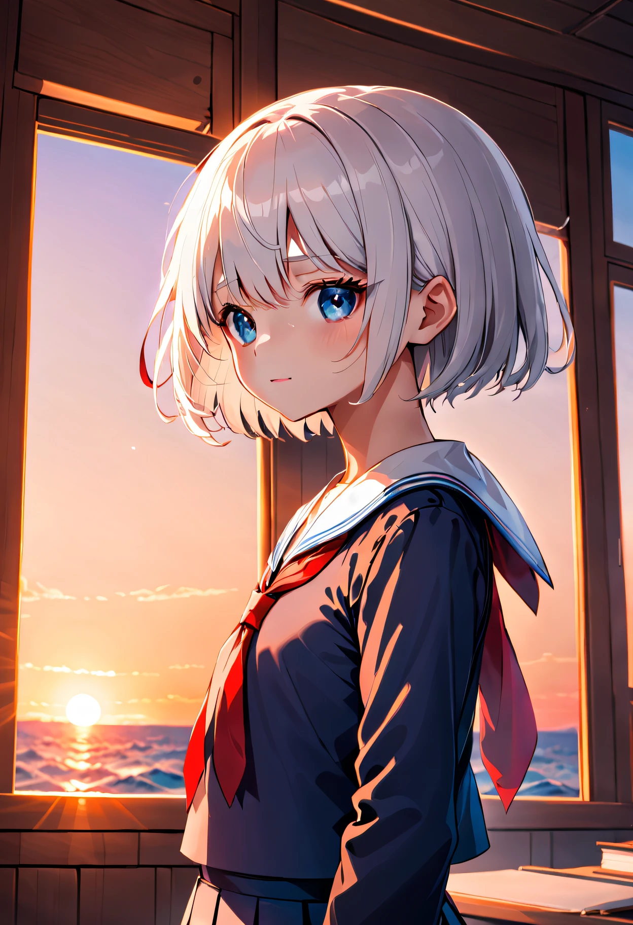 (masterpiece, best quality), 1girl, solo, white hair, short hair, straight hair, blunt bangs, grey eyes, flat chest, narrow waist, petite, pale skin, classroom, sunset, sunbeam, school uniform, white serafuku, red neckerchief, blue sailor collar, looking at viewer, from side, upper body, standing, backlighting, light blush, light smile, hand on own face