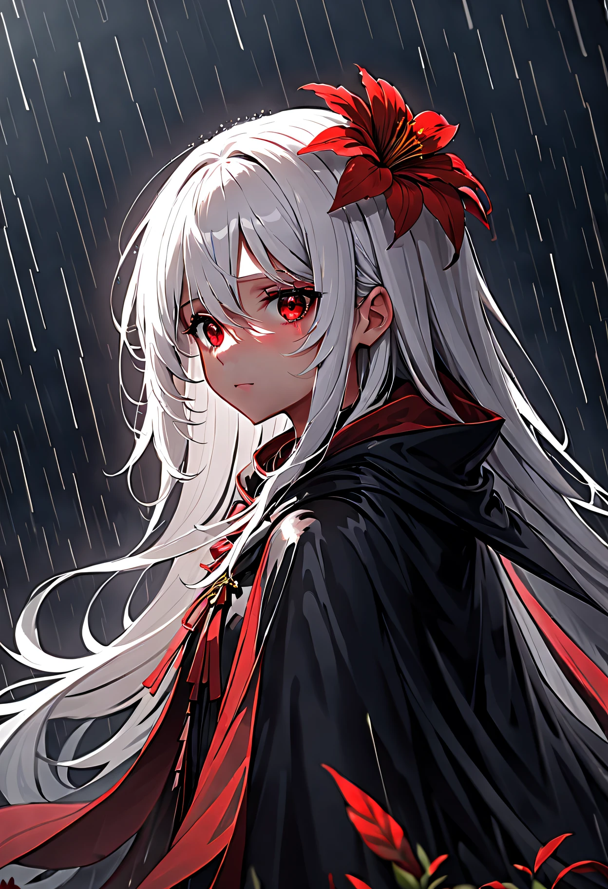 1girl,solo,1girl,solo,((beautiful detailed eyes)), (detailed light),depth of field,(white hair),silver eyes,hair over one eye,(red flower ), hair flower,long hair,black cloak,wet,emotionless,looking back,night,starfall,raining,fog,red flowers falling,sketch,upper body,intense shadows,